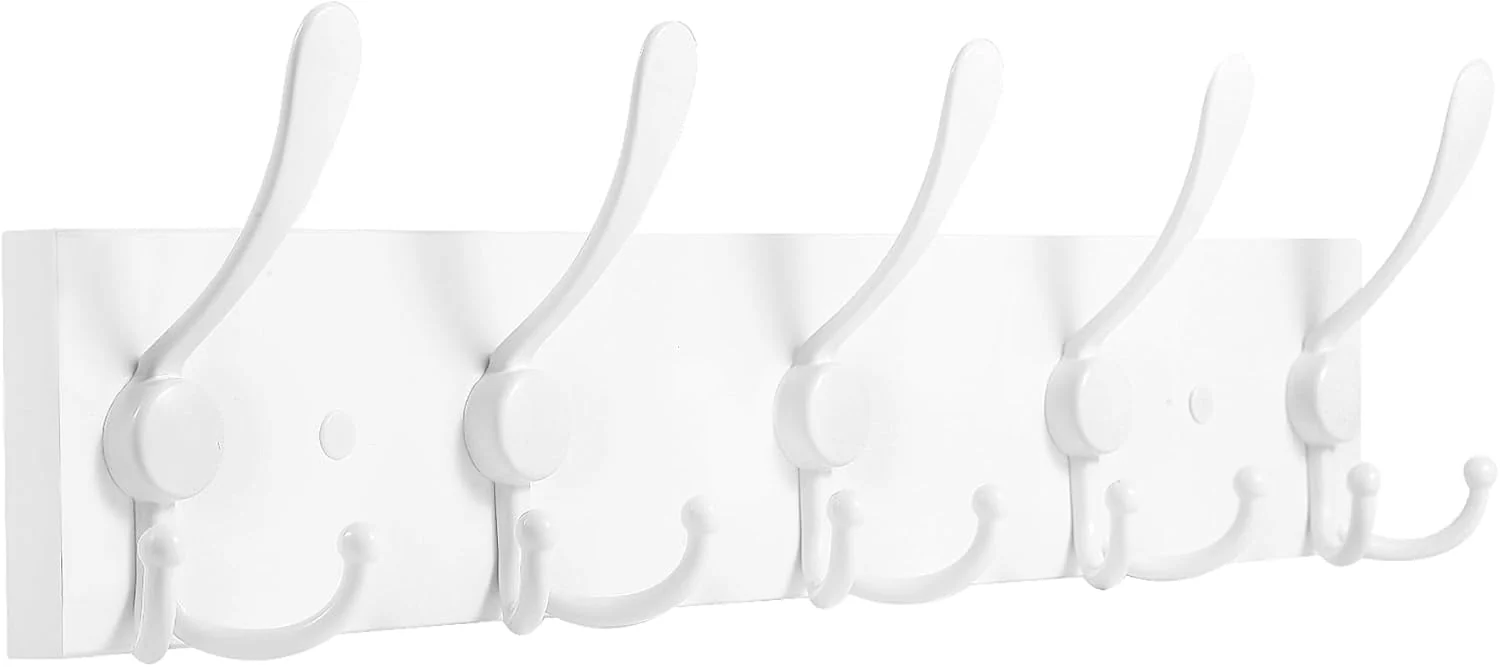 Modern Coat Rack Wall Mount Coat Hooks Wooden Hat Rack for Wall Hooks Pine Wood Plank 16.9 White Coat Hanger with 5 White Triple Hooks for Hanging Detailed