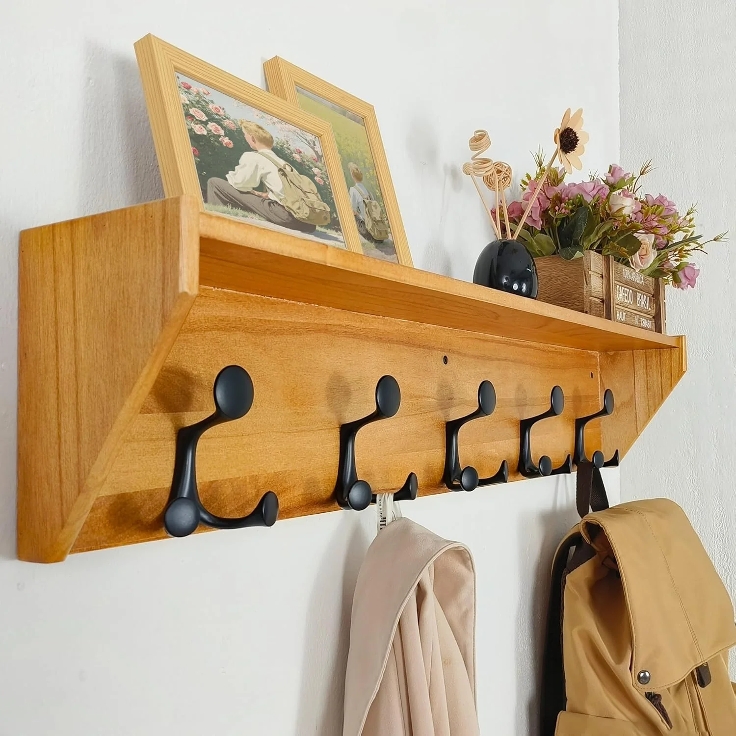 Easy-to-Use Skoloo Wall Shelf with Hooks 35-Inch Brown Coat Rack Wall Mount with Shelf Organizer - Lightweight Sturdy 5 Tri Hooks - for Entryway Selected
