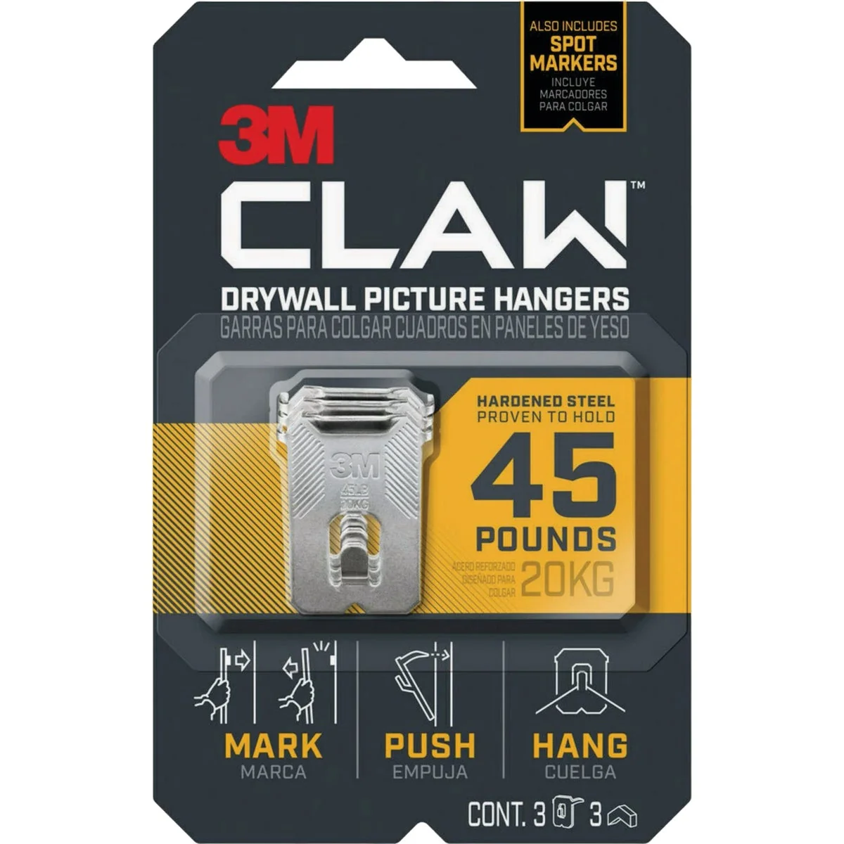 Exceptional 3M Claw 45 Lb. Drywall Picture Hanger with Temporary Spot Marker 3 Hangers 3 Markers Eco-Friendly