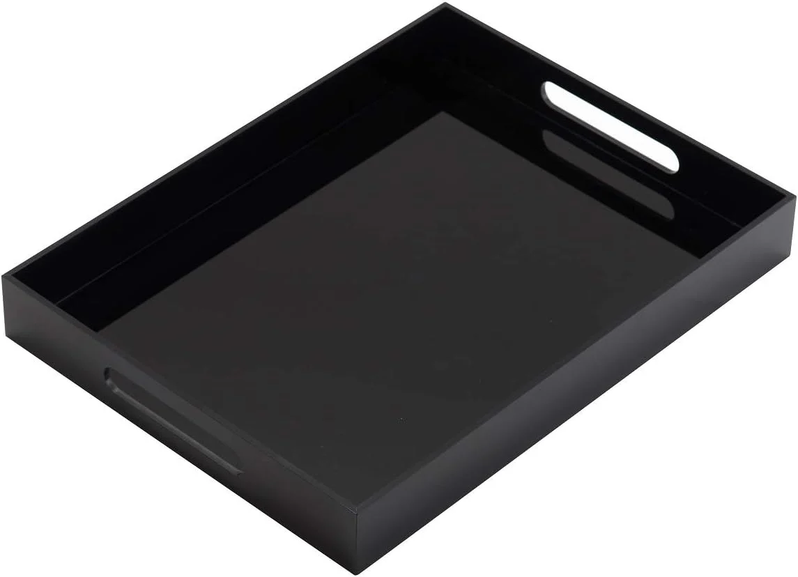 Responsible Glossy Black Sturdy Acrylic Serving Tray with Handles - 10x15 Inch Coffee Appetizer Breakfast Tray - Butler Kitchen to Vanity Table Decorative Detailed