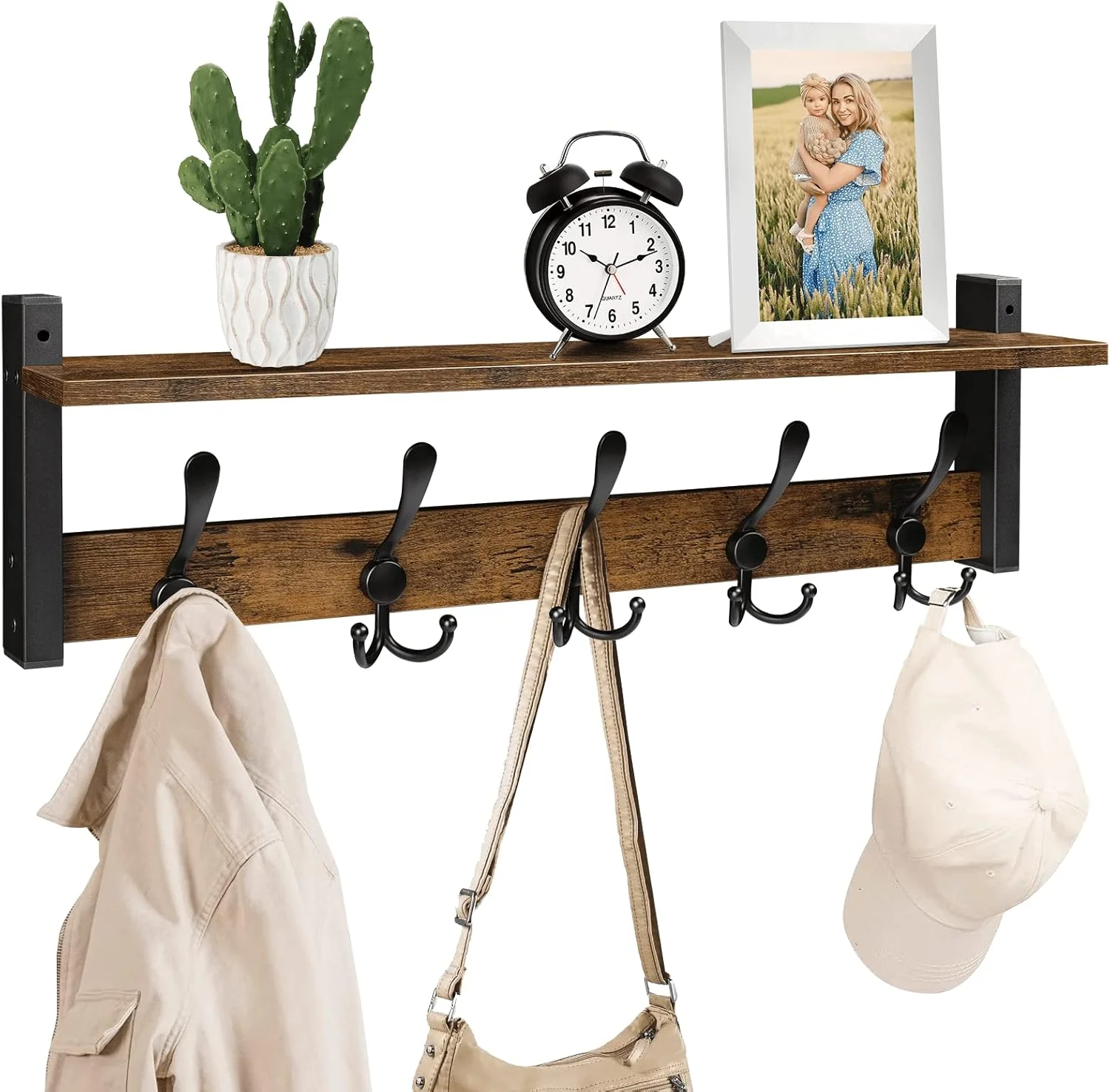 Trendy Homode Rustic Brown Wall Mount Coat Rack with Shelf and 5 Tri Hooks Wood Coat Hangers for Hanging Hat Towel Purse Jacket Selected