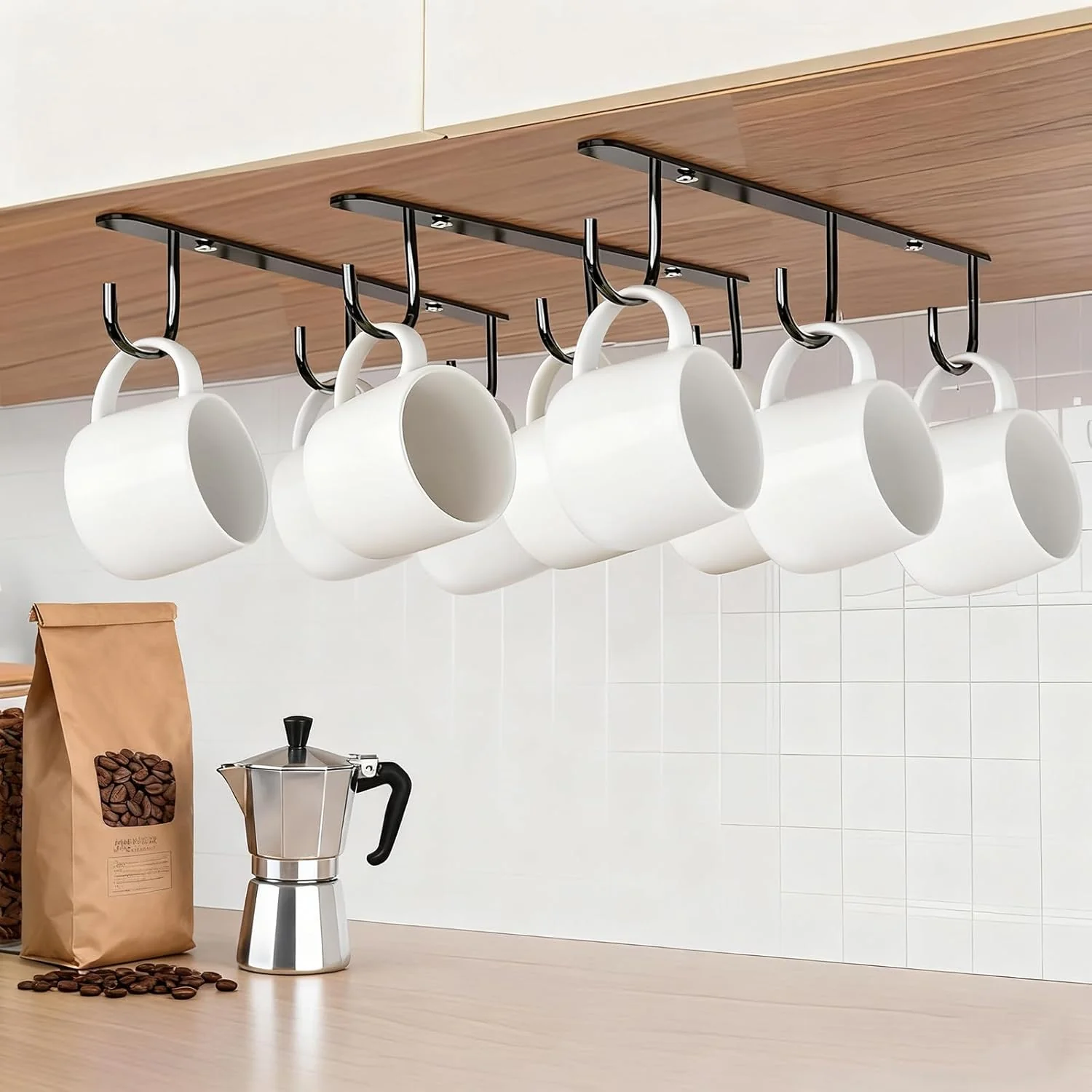 Enhanced 3pcs Under Cabinet Mug Hooks Adhesive Screw 2 Ways Install Mug Holder Coffee Cups Hook with 9 Hooks Breathable