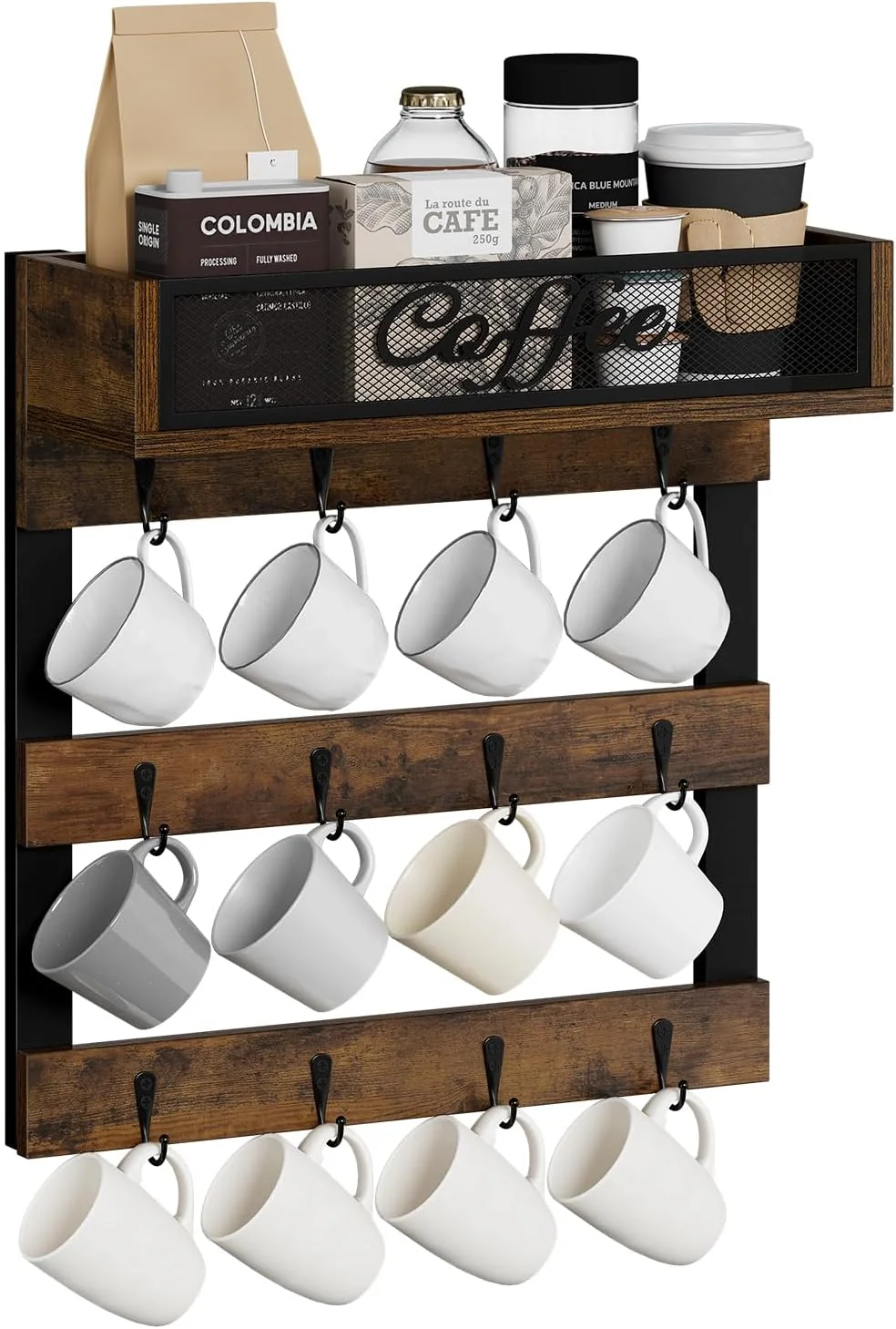 Effective Yinmit Coffee Mug Holder with 12 Hooks Coffee Cup Holder Wall Mounted with Top Shelf Mug Organizer for Home Kitchen Brown Crafted