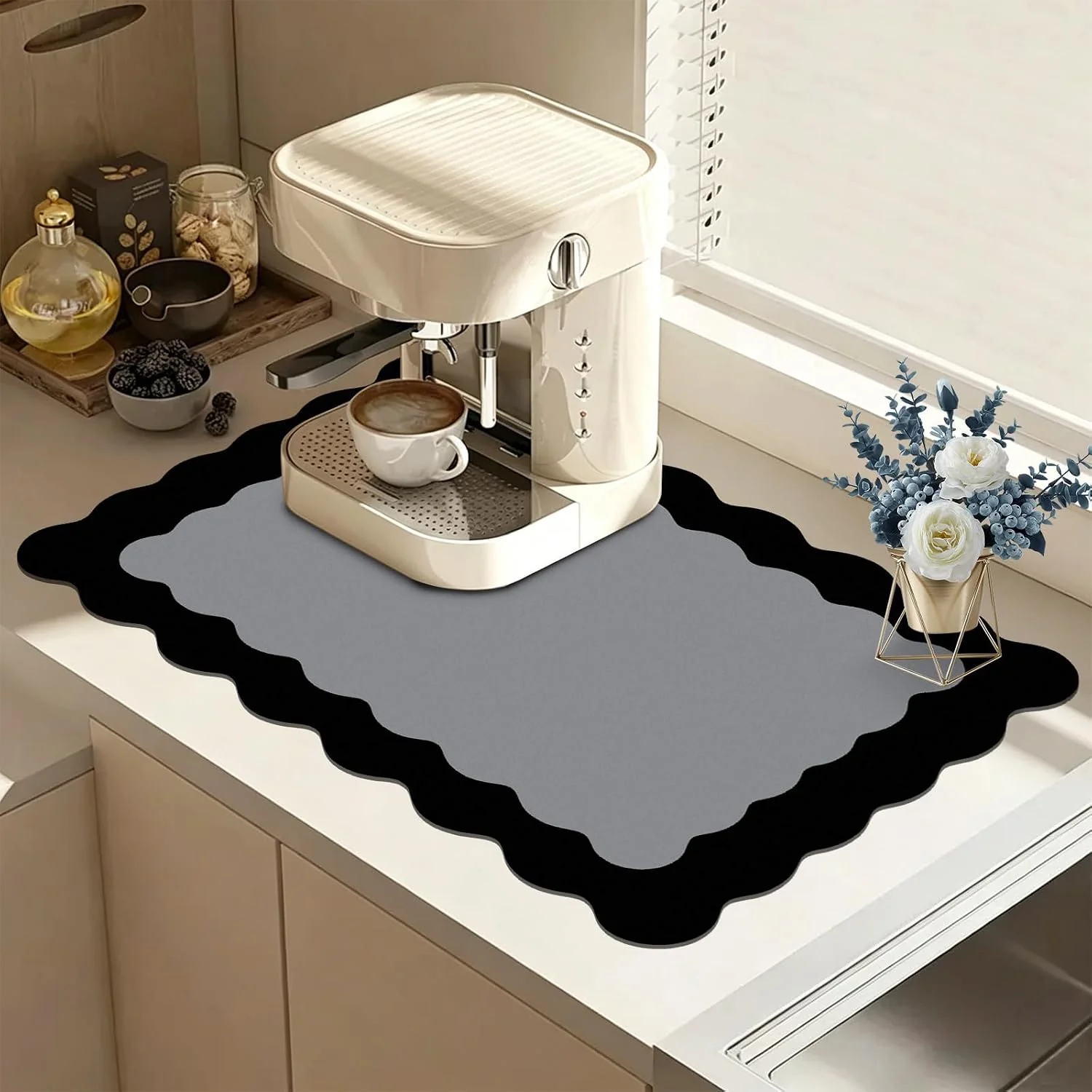 Verified Black Scalloped Coffee Mat for Countertop Coffee Bar Mat Matt Diatomite Absorbent Non-Slip Rubber Backing Coffee Staion Mats for Kitchen Counter Kitchen Aesthetic Decor 12 x19 Black Lightweight