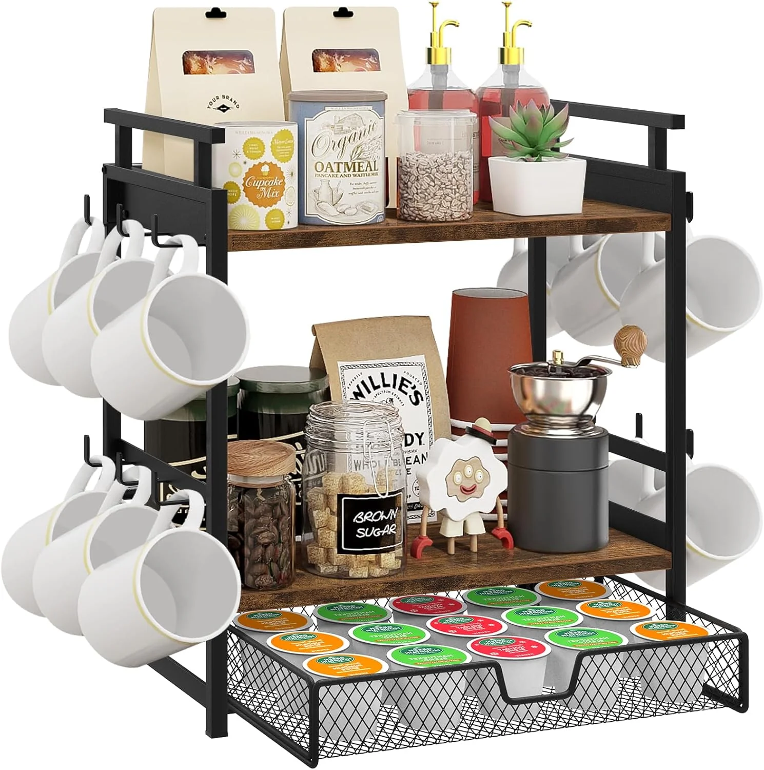 Original Design Coffee Bar Organizer 3 Tier Coffee Station Organizer for Countertop Mug Cup Holder Stand with 12 Hooks with K Cup Storage Drawer Original