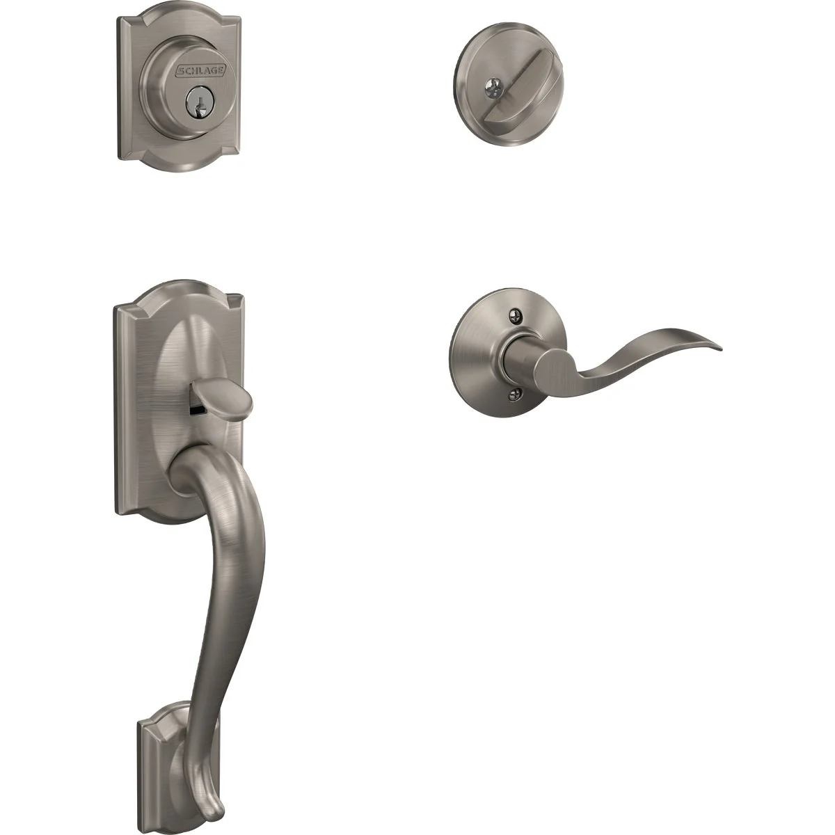 Fine Schlage Camelot Handleset with Single Cylinder Deadbolt and Accent Lever in Satin Nickel - Right Handed Practical