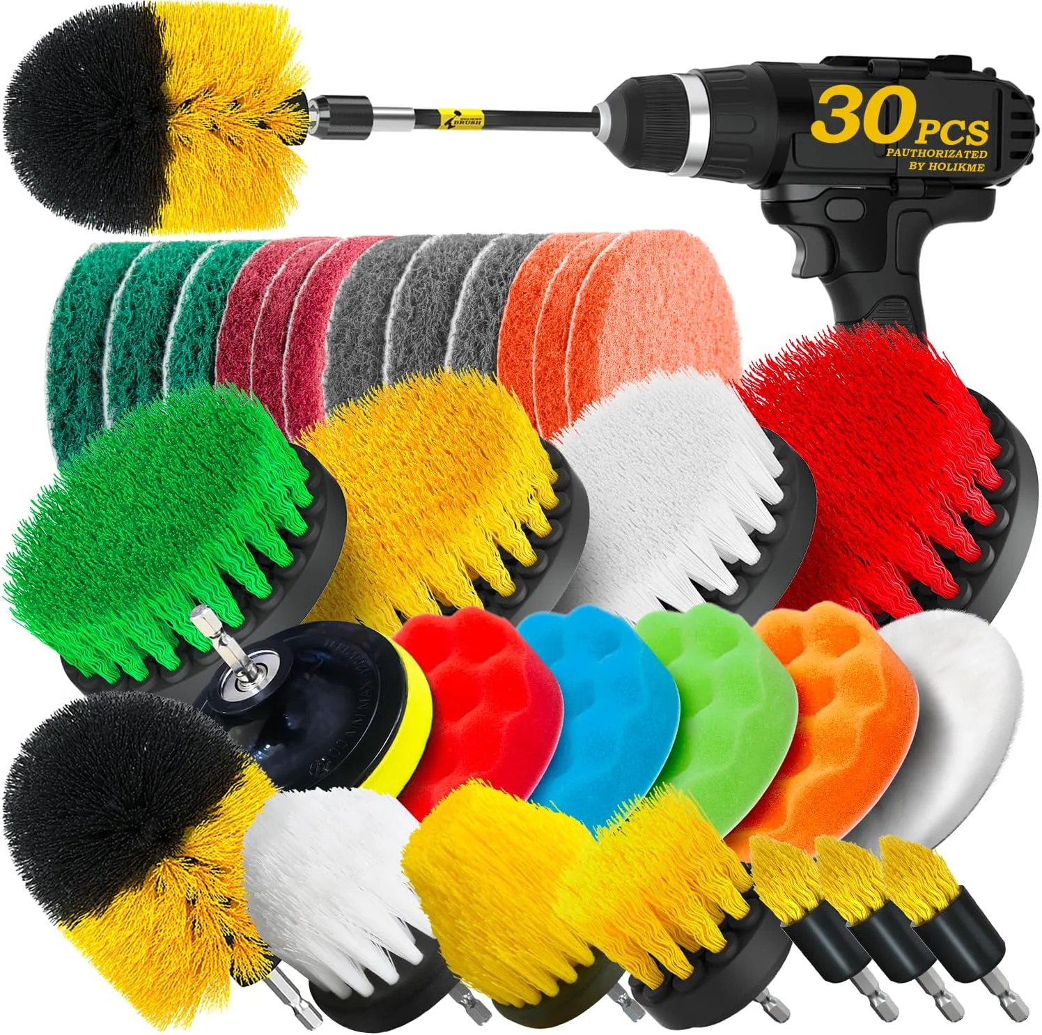 Detailed Holikme 30Pack Drill Brush Attachments Set Scrub Pads Sponge Power Scrubber Brush with Extend Long Attachment All Purpose Clean for Grout Tiles Excellent