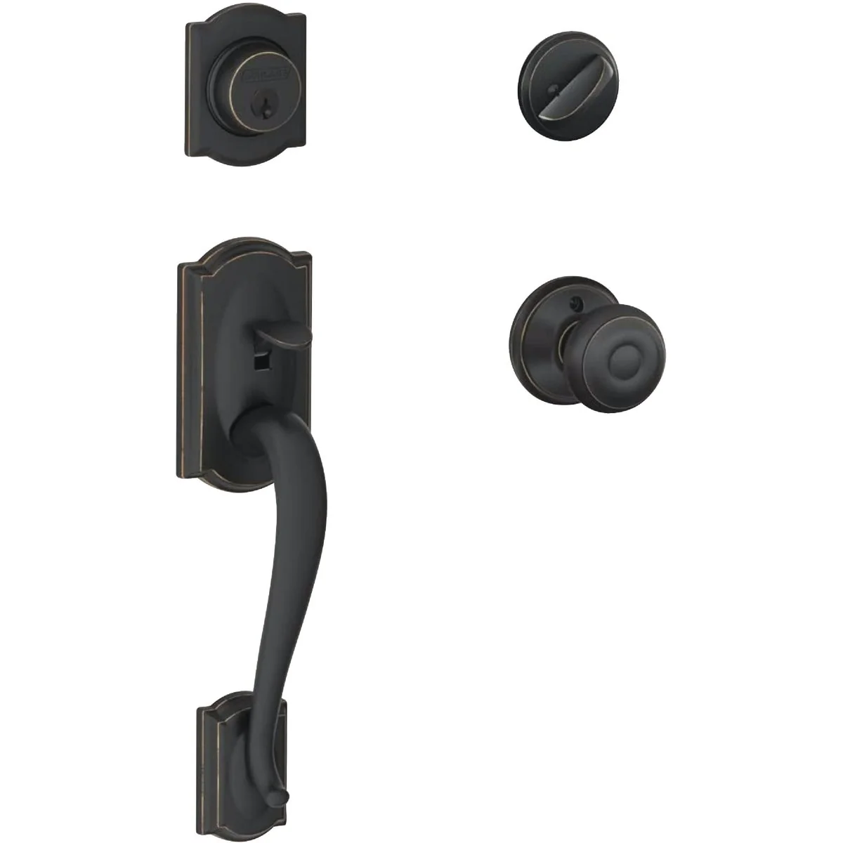 Elegant Schlage Camelot Handleset with Single Cylinder Deadbolt and Georgian Knob in Aged Bronze Pure