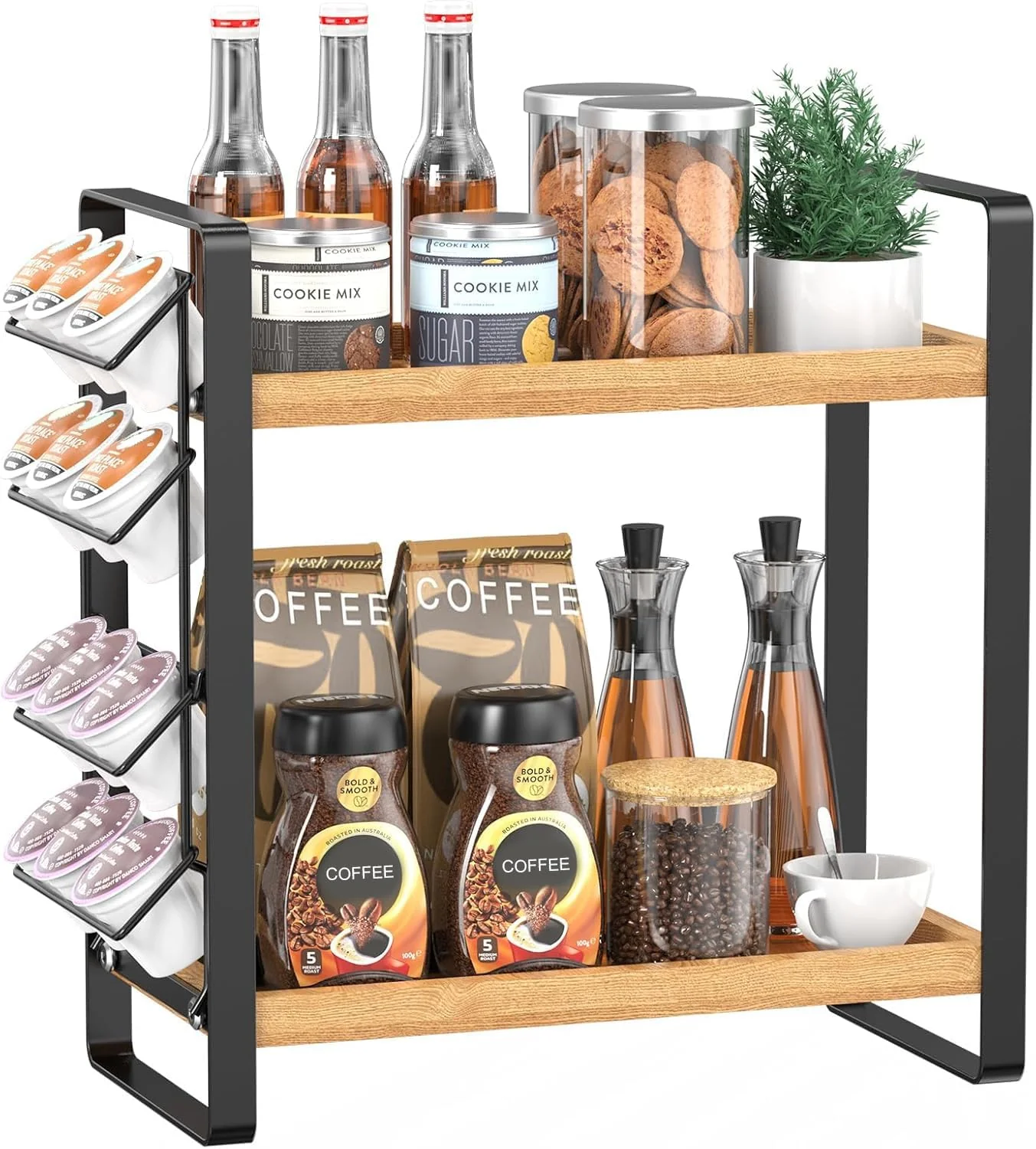 Safe Lemikkle Coffee Station Organizer for Counter Condiment Storage Caddy for Kitchen 2 Tier Wooden Shelf for Coffee Bar Accessories High-Performance