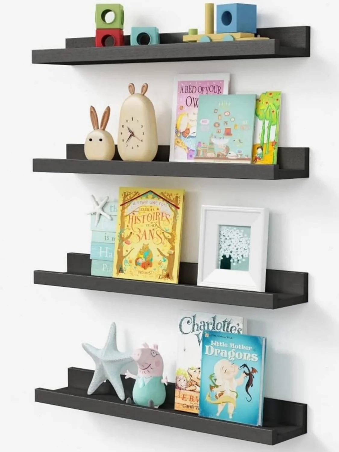 Refined Forbena 24 Inch Long Picture Ledge Shelf Set of 4 Black Wood Floating Shelves with Lip for Wall Practical