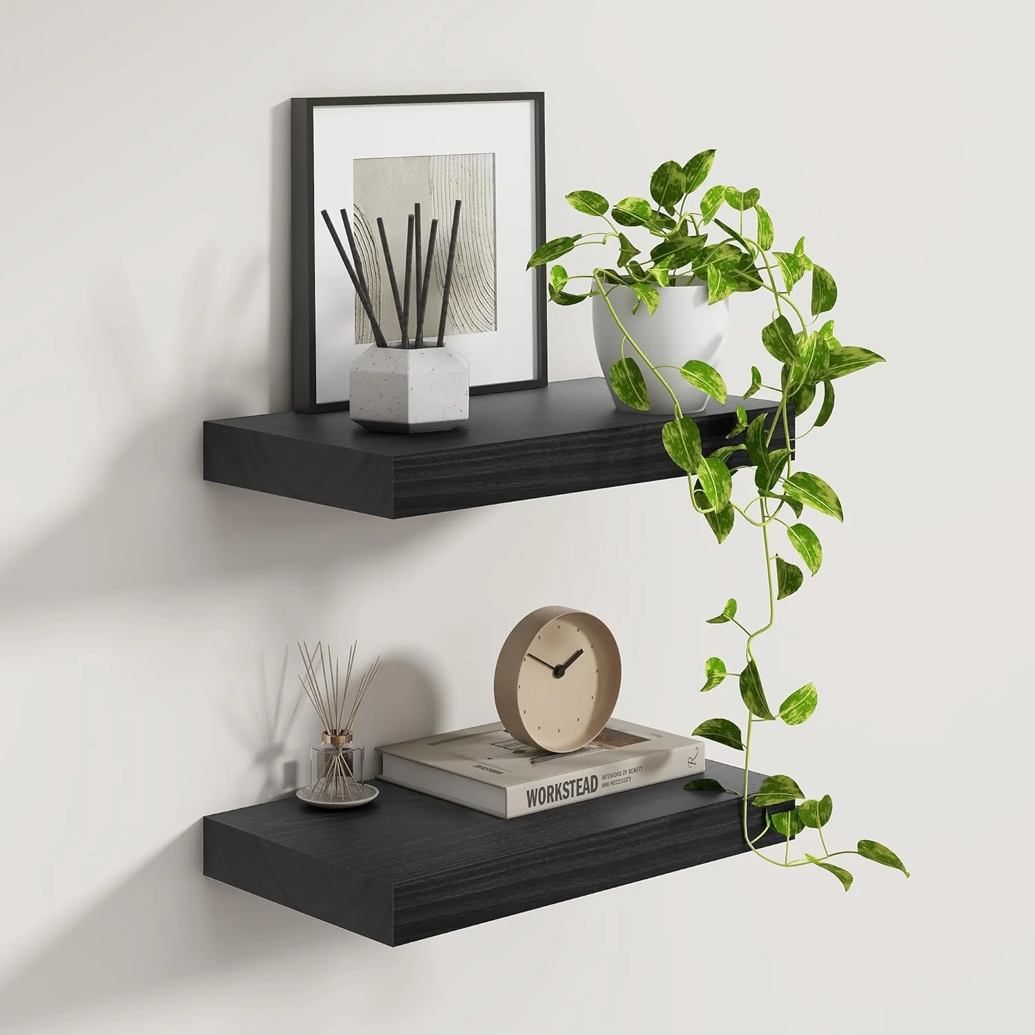 Unique Fun Memories 9 Inch Deep Black Floating Shelves Farmhouse Rustic Natural Wood Floating Shelf Wall Mounted 16 x 9 Wall Shelves Set of 2 Stylish