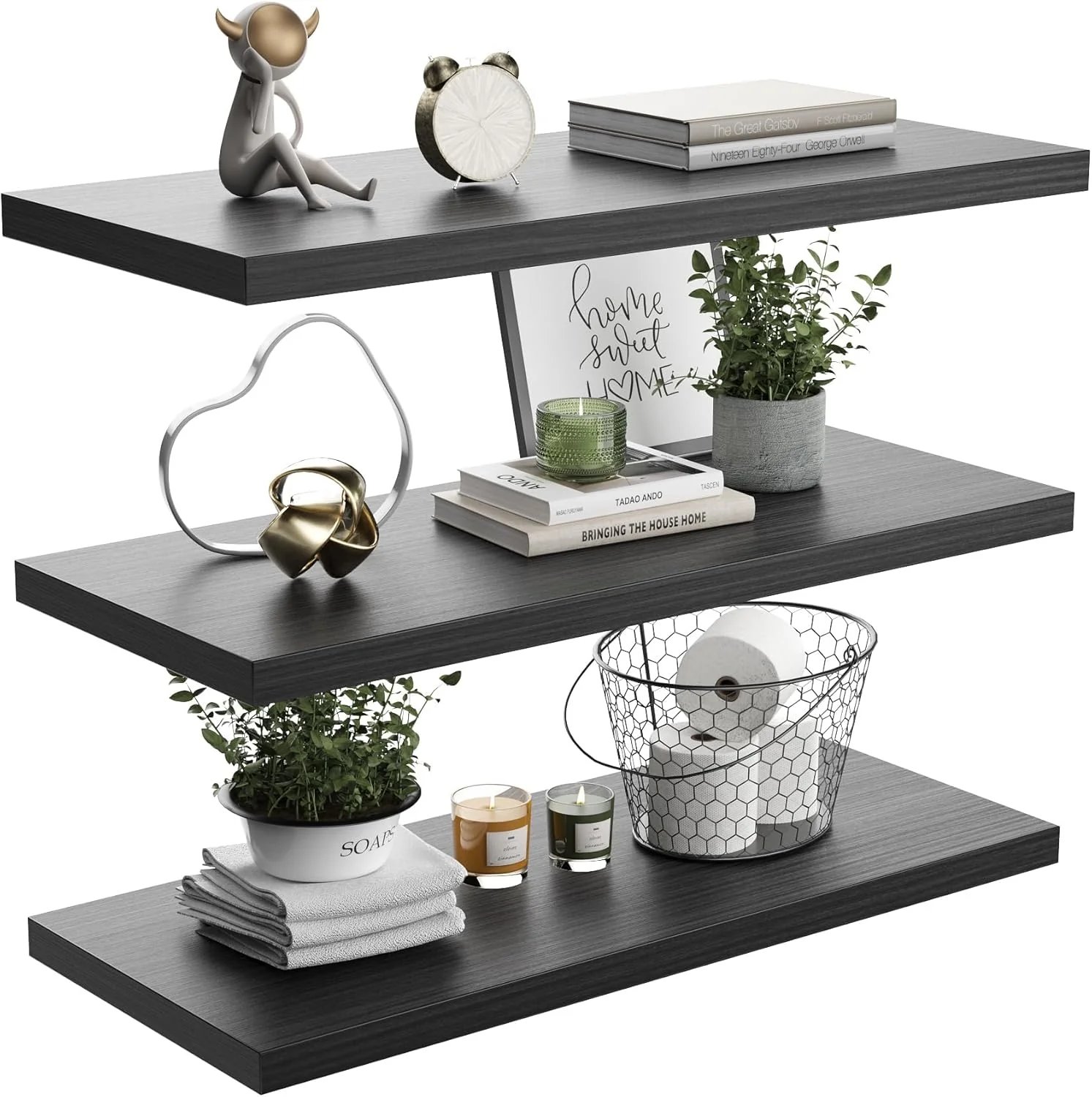 Environmentally Friendly Wall Shelf Set of 3 Dark Wood Floating Shelves 24 in W x 10 in D x 1 in H Wooden Floating Wall Shelf with Invisible Brackets for Living Original Design
