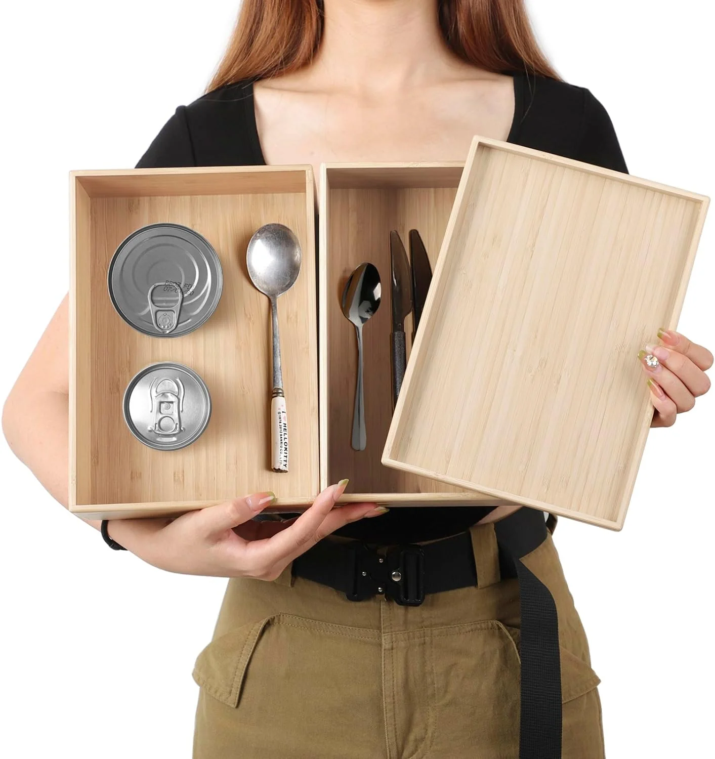 Classic Stackable Bamboo Drawer Organizer Set – 2 Boxes with 1 Lid Wood-Laminated Trays for Kitchen Utensils Silverware Flatware – Storage Fits Cabinets Casual