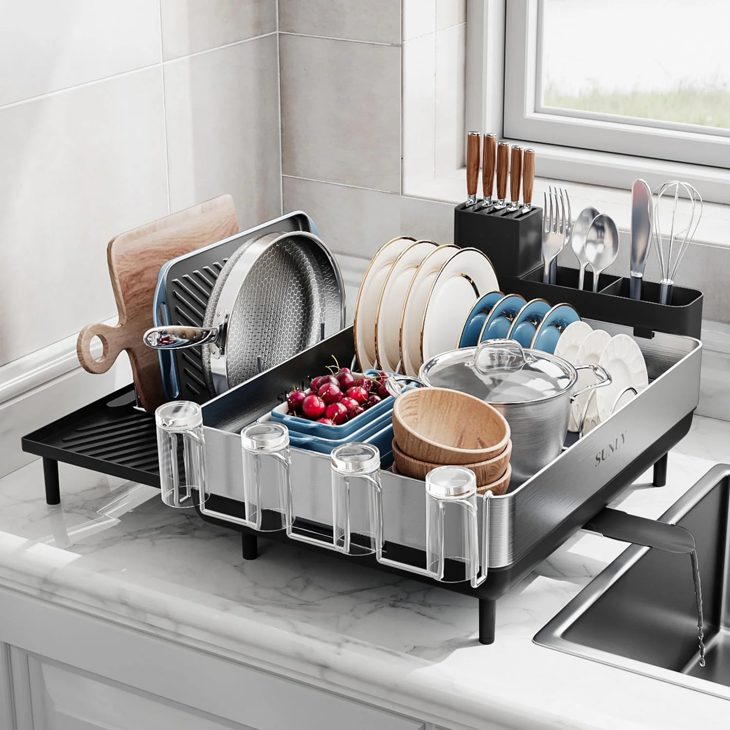 Green Sunly Large Dish Drying Rack Expandable Dish Racks for Kitchen Counter Space Saving 304 Stainless Steel Drying Rack Kitchen Quality