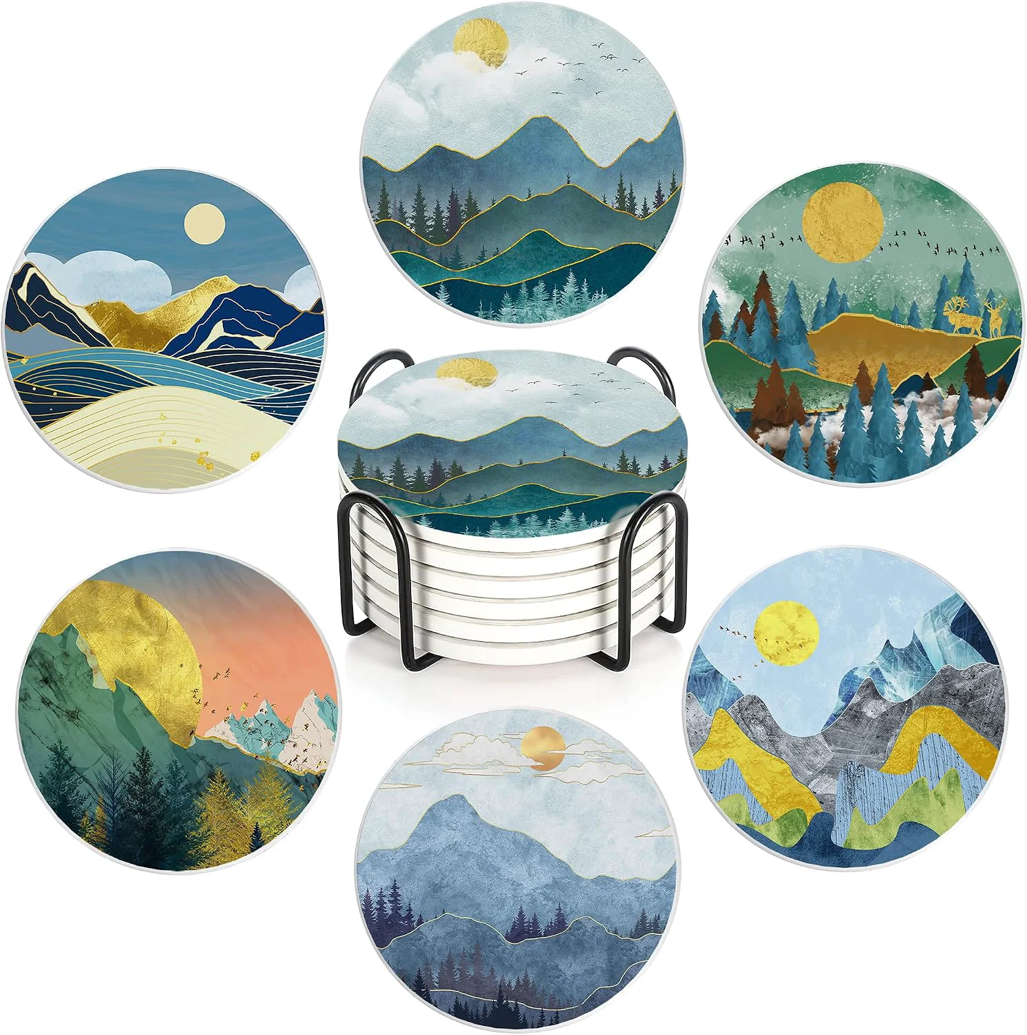 Pure 6 Pcs Coasters for Drinks with Holder Abstract Mountain Sun Absorbent Ceramic Coasters with Cork Base Cute Funny Table Drinks Coasters Tabletop Protection Mat Table Home Decor 4 Inches Optimized