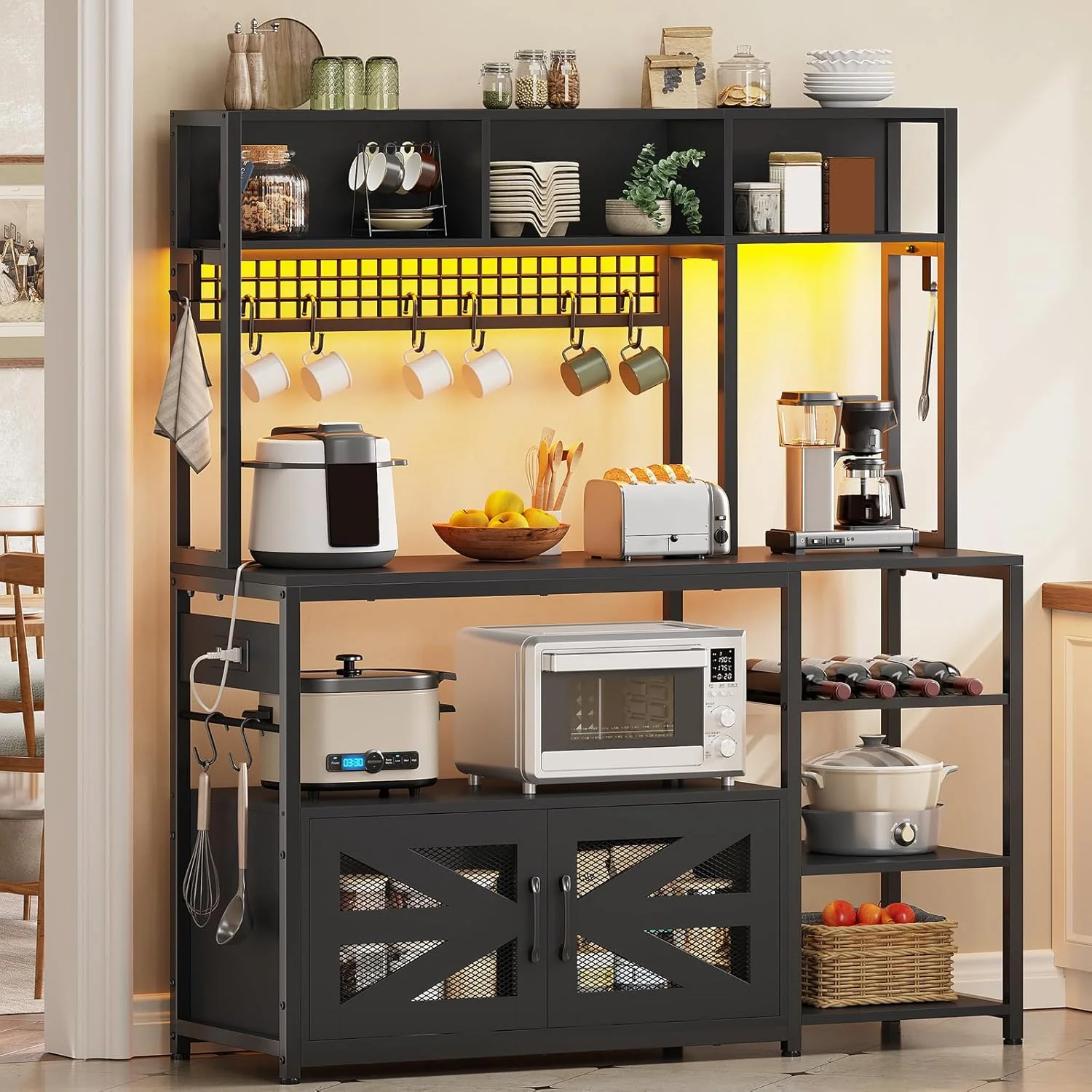 Fine Itaar 47.2 Inch Bakers Rack with Power Outlet Microwave Stand with Storage Farmhouse Coffee Bar Cabinet Station with Wine Rack High-Performance