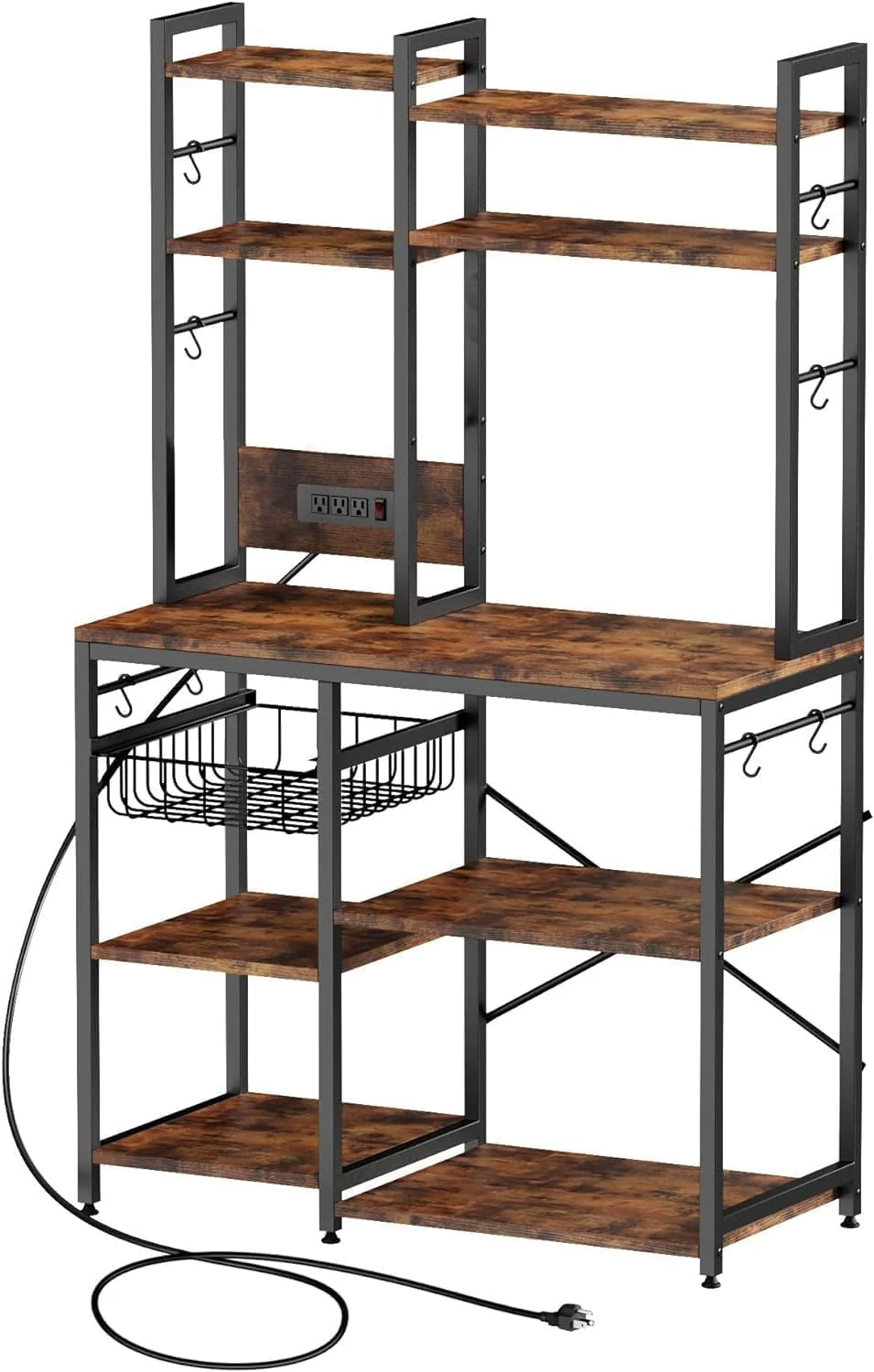 Consistent Standing Kitchen Baker s Rack Bakers Rack with Power Outlet 6-Tier Microwave Stand Coffee Bar with 12 S-Shaped Hooks Kitchen Shelf with Storage Traditional