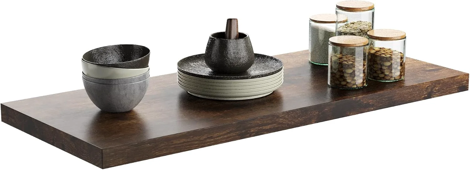 Fine Wall Shelf Set of 1 Rustic Brown Floating Shelves 24 in W x 10 in D x 1 in H Wooden Floating Wall Shelf with Invisible Brackets for Living Smooth