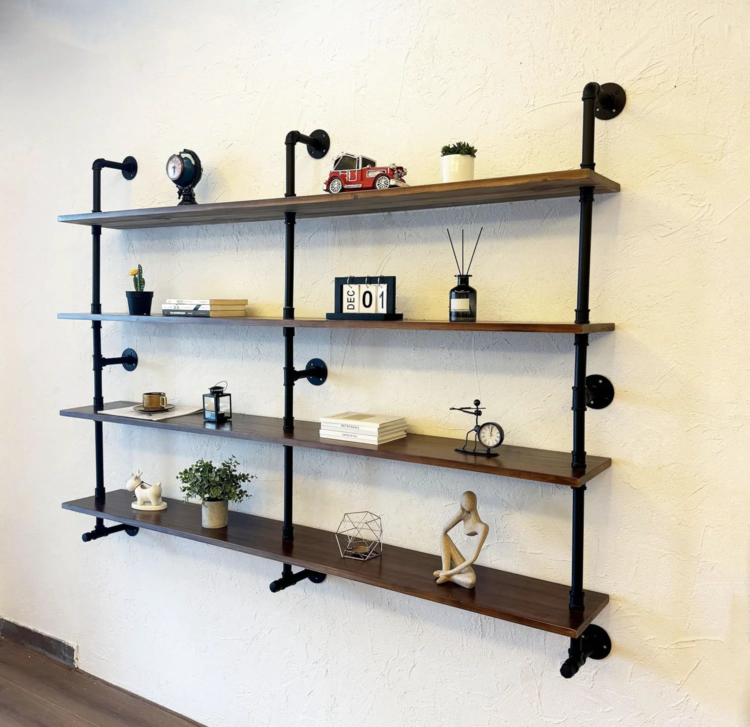 Crafted Industrial Pipe Wall Shelves With Wood Plank 70 Inches Floating Shelves for Wall 4 Tier Farmhouse Book Shelves Dark Brown for Kitchen Effective
