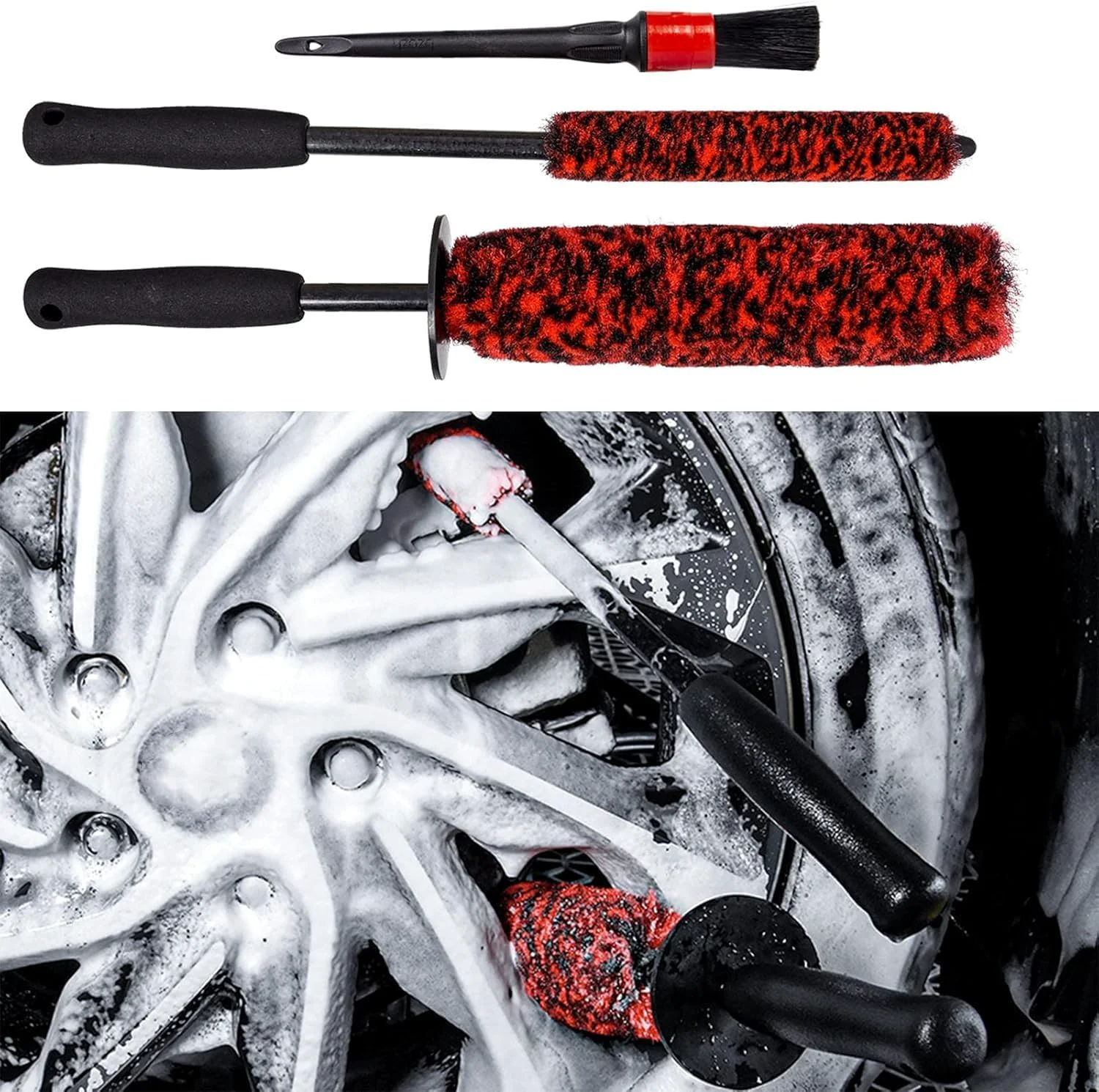 Eco-Friendly 3 Pcs Soft Wheel Brushes for Cleaning Wheels Kit - 1x Synthetic Soft Car Wheel Rim Brush，1x Long Handle Cleaning Brush and 1x Car Detail Brush Easy-to-Use