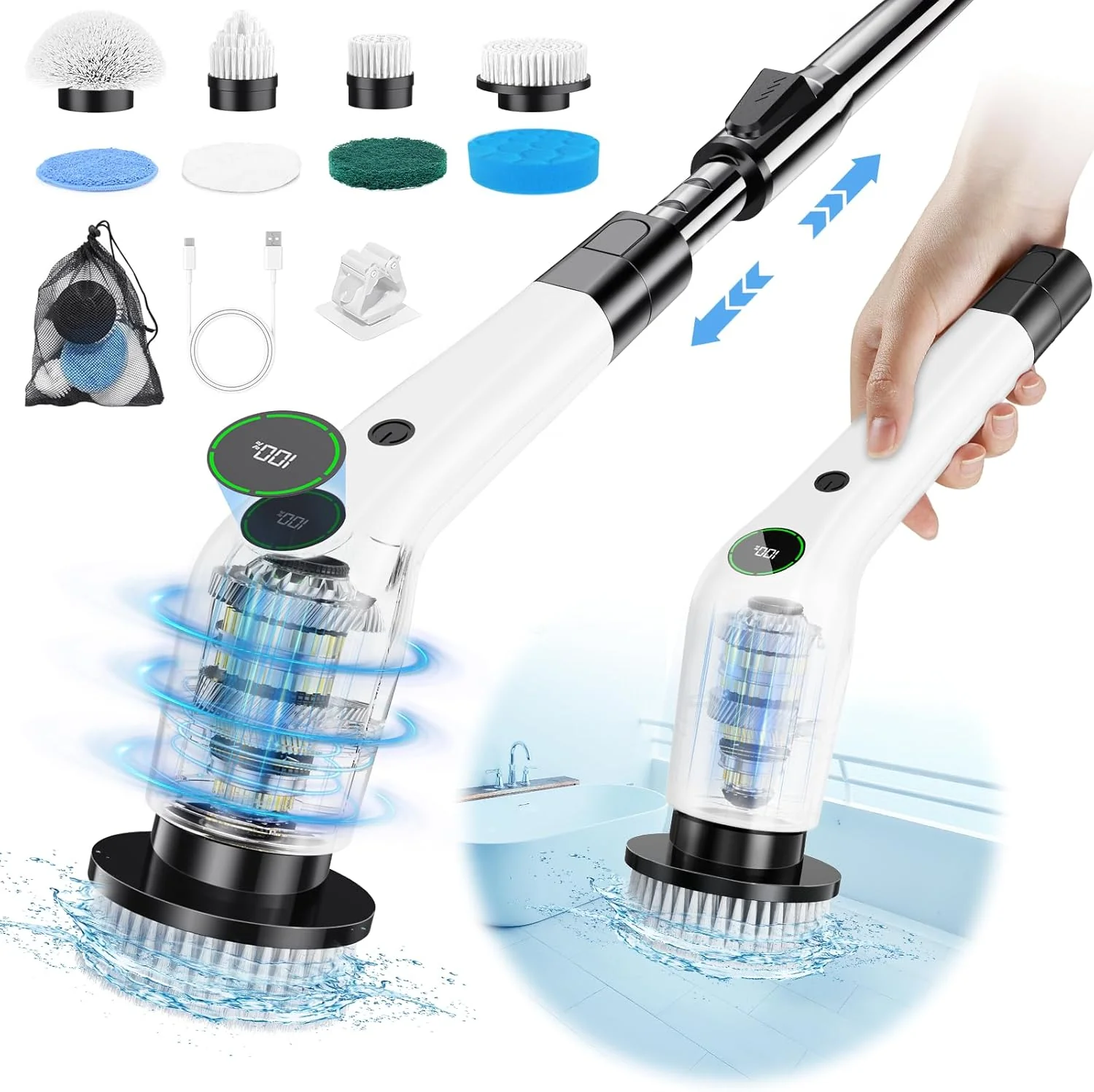 Dependable Electric Spin Scrubber Cordless Shower Scrubber with 8 Scrub Brush 2 Speed with Adjustable Extension Handle Battery Level Display User-Friendly