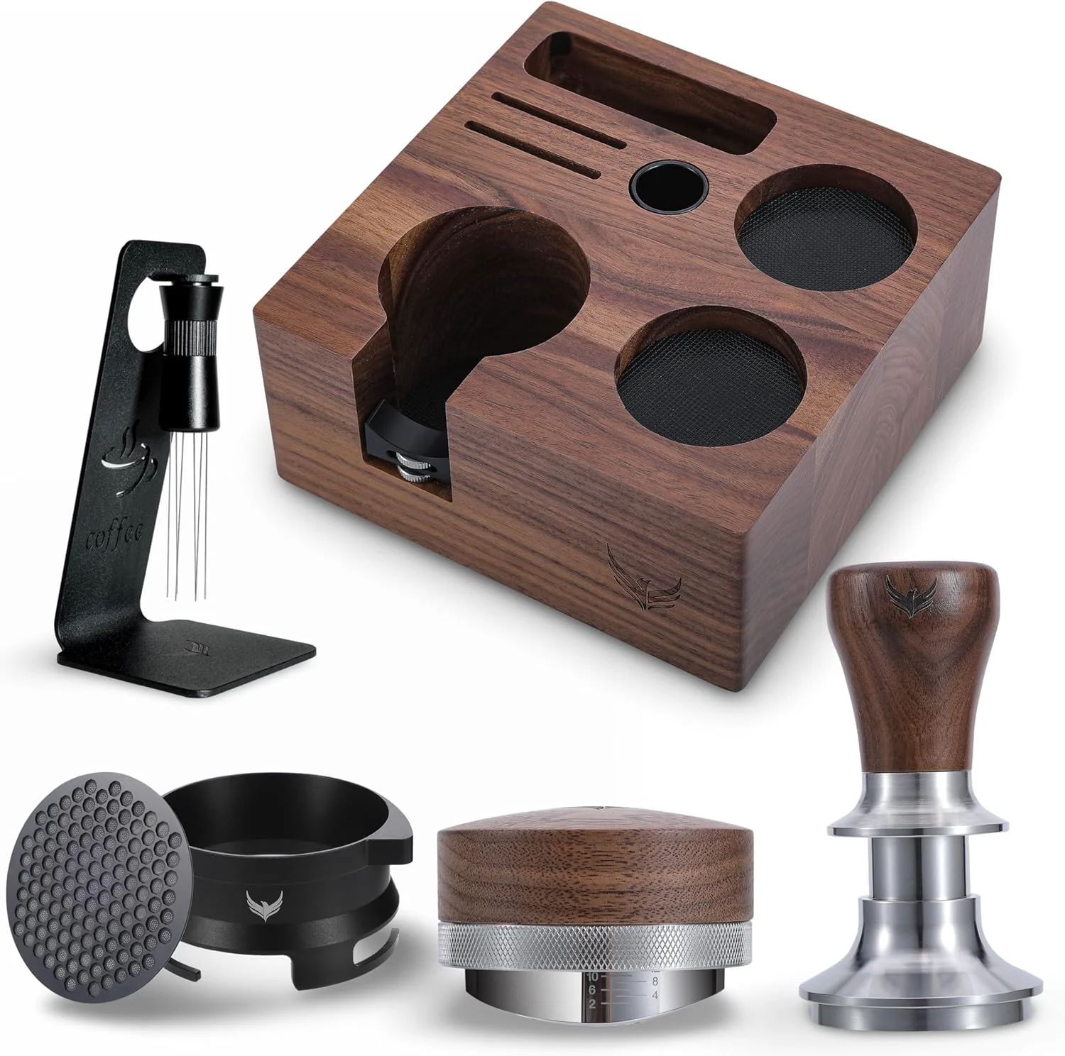 Detailed Breville Accessories 54mm Espresso Kit 6pcs Tamping Station Coffee Tamper Distributor Tool Portafilter Funnel Puck Screen and WDT Stirrer Tool Solid