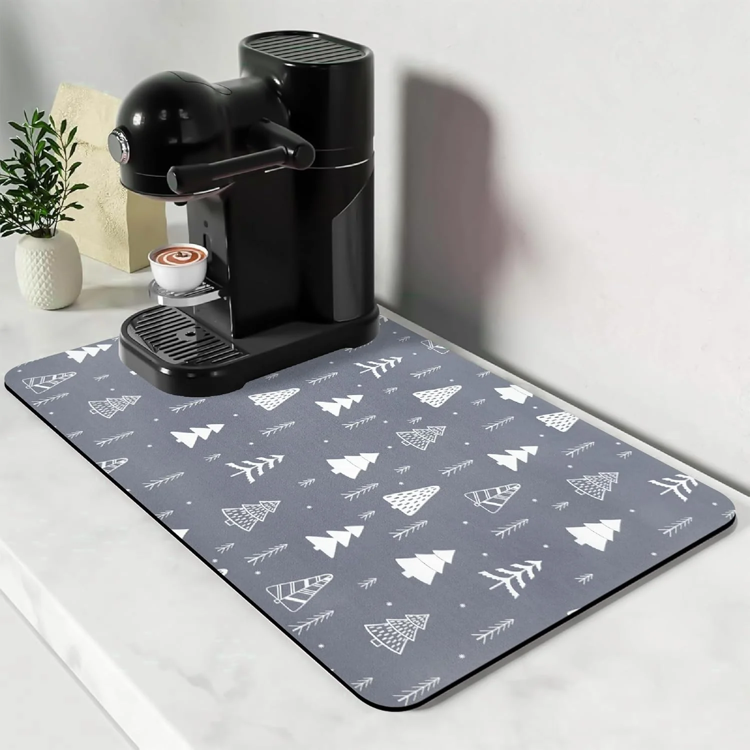 Premium Bloss Christmas Coffee Mat 16 x24 Absorbent Bar Mat with Waterproof Rubber Back Fit Under Coffee Maker Machine Kitchen Counter Green