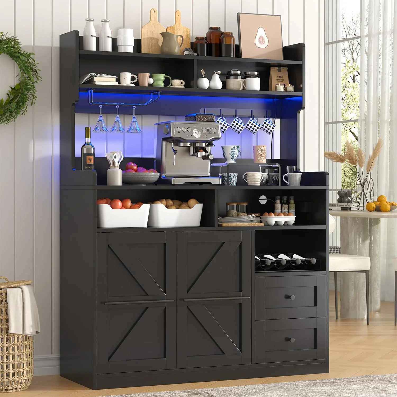 Unique VVFLU Hutch Storage Buffet Cabinet with Drawers and Charging Station Coffee Bar Cabinet with Barn Doors Wine Rack and Hooks Black Wood Sideboard Buffet for Kitchen Dining Room 54.5 High Modern