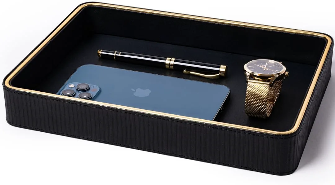 Luxury Black Leather Valet Tray for Men Mens Valet Catch All Trays Bedside Organizer for Nightstand Cologne Tray for Men Desk Trays Effective