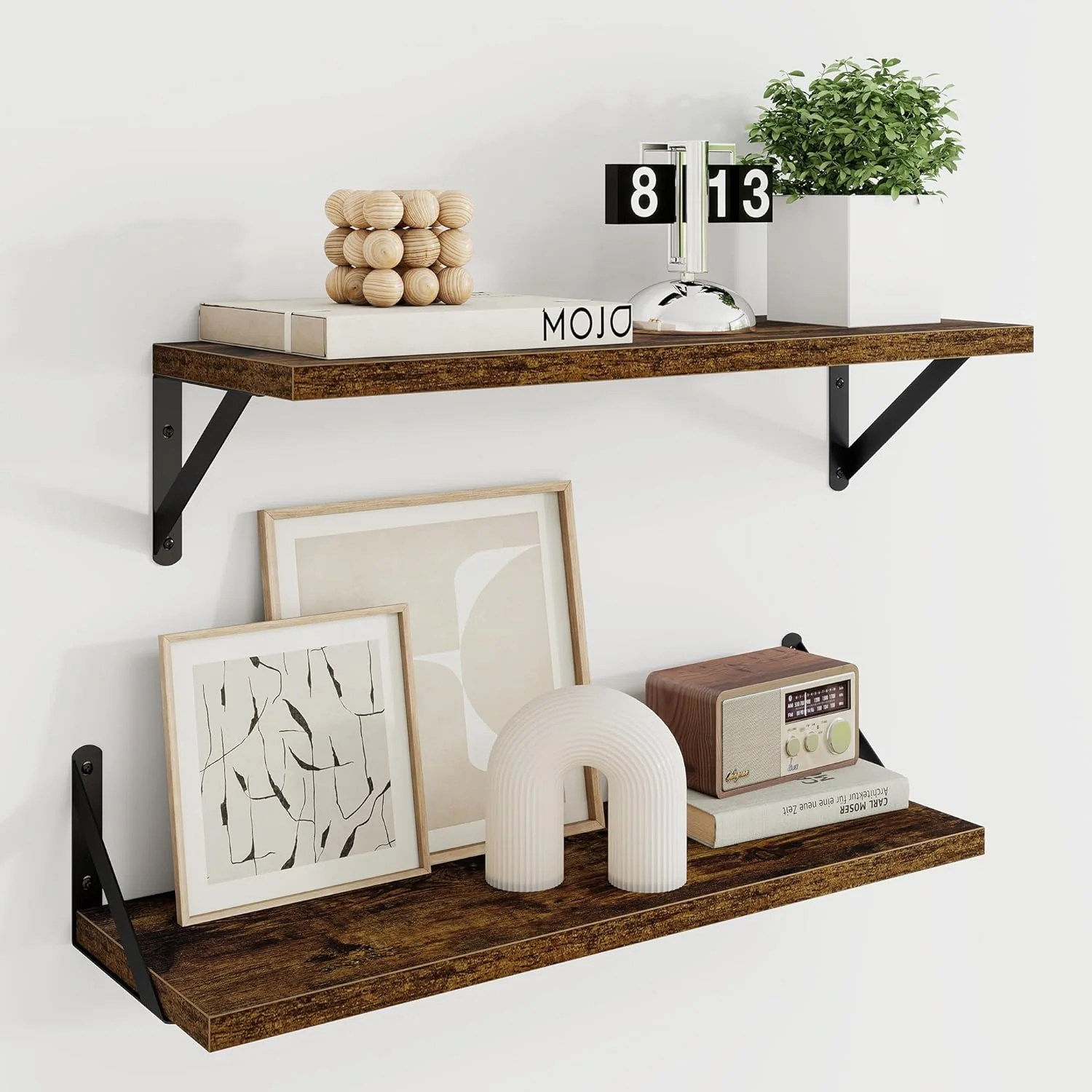 Safe Dreamland Dark Brown Floating Shelves 24W x 8D Wall Mounted Shelves Set of 2 Wide Display Ledge Shelf with Sturdy Metal Brackets for Living Room Solid