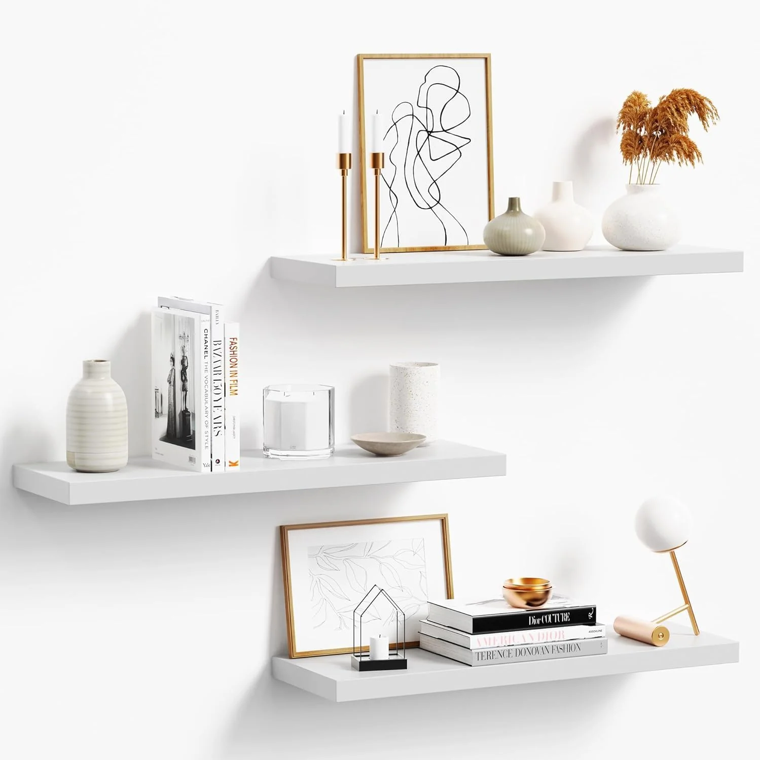 3-Pack 24 White Modern Wooden Floating Shelves Wall Mounted Set of 3 6.7 W x 24 L x 1 H 25lbs Load Capacity Each for Bathroom Kitchen Living Room Bedroom Green