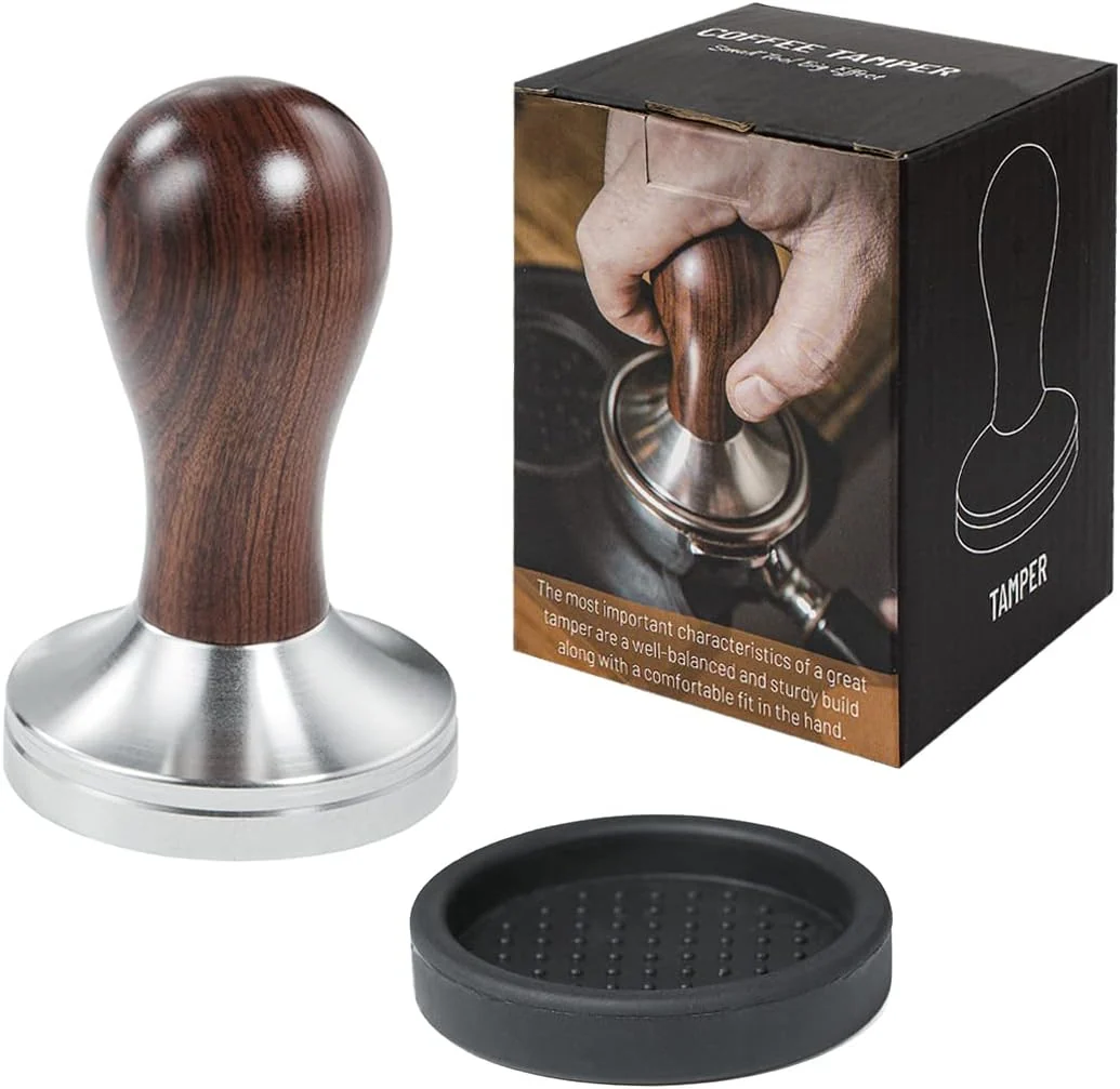 Unique Coffee Tamper Espresso Press with Tamper Mat 304 Stainless Steel Flat Base Wooden Handle for Coffee Grounds Barista Espresso Machines Accessory 51MM Optimized