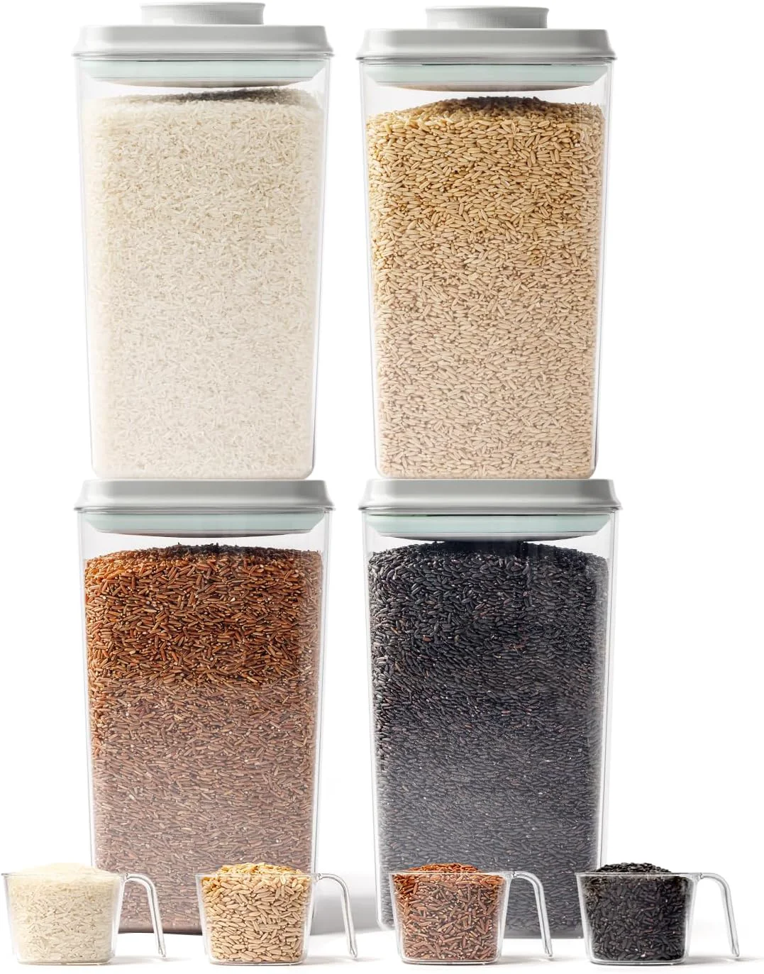 Long-Lasting 4 Pack Airtight Food Storage Containers with One-Hand Pop Lid 4.23Qt Rice Grain Organizer Set with Measuring Scoop Excellent