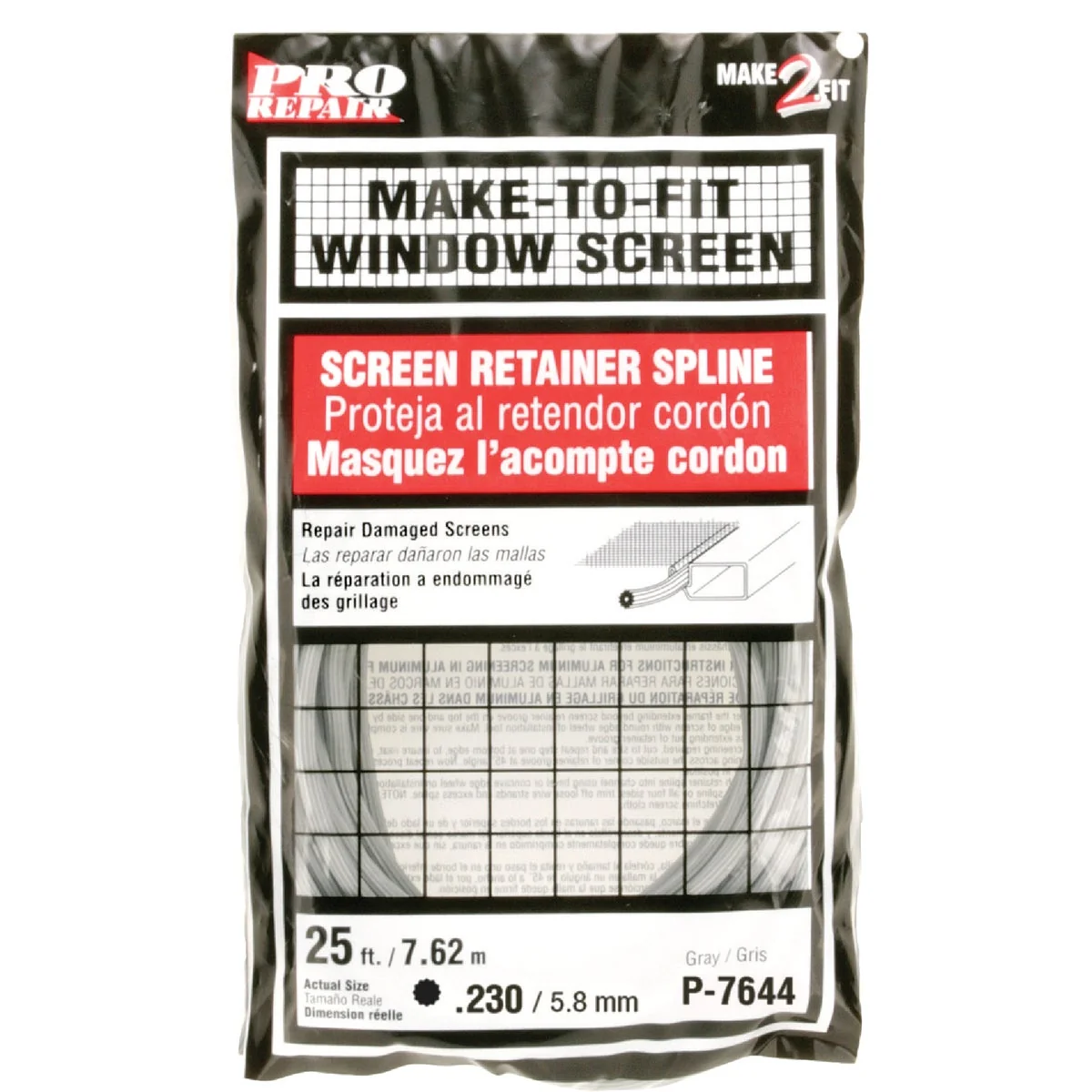 Official Prime-Line 0.230 In. Dia. x 25 Ft. L. Gray Vinyl Screen Retainer Spline Lightweight