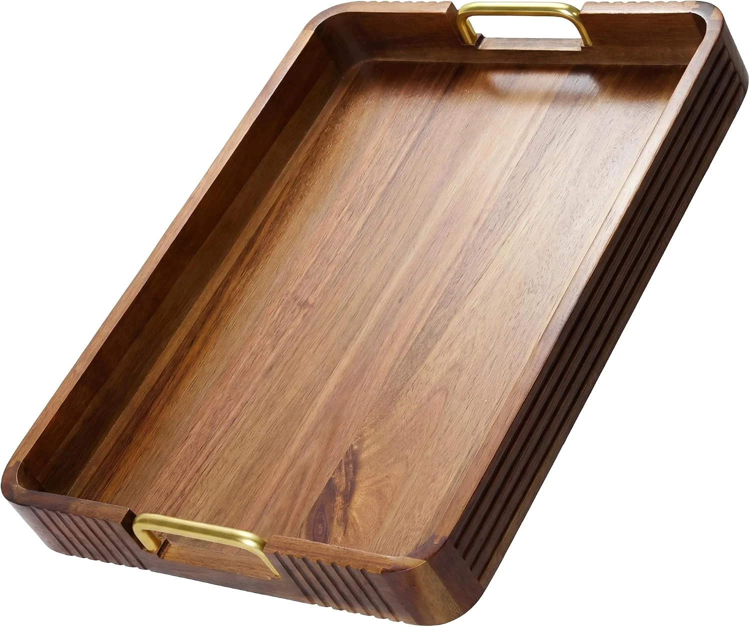 Genuine Acacia Wood Serving Tray with Gold Handles Natural 17 x 13 x 2 Decorative coffee table tray for living room amp ottoman tray with anti-slip pads bar tray Breakfast in Bed and gift box. Sophisticated