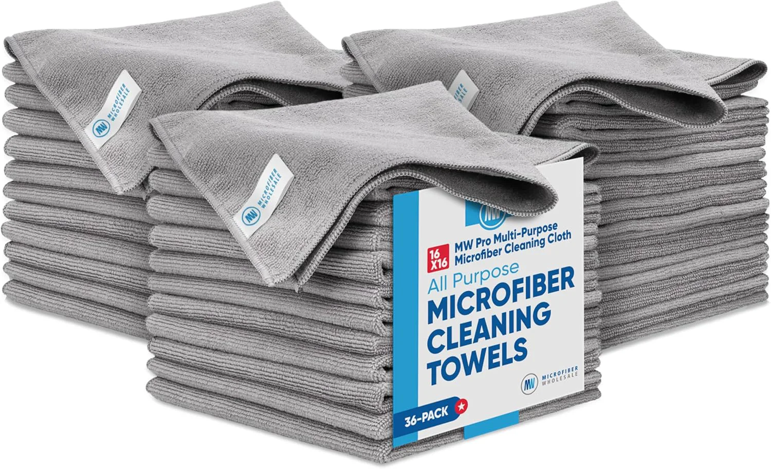 Durable MW Pro Microfiber Cleaning Cloth Gray 36 Pack 16 x 16 All Purpose Microfiber Towels - Clean Dust Polish Scrub Absorbent Fine Crafted