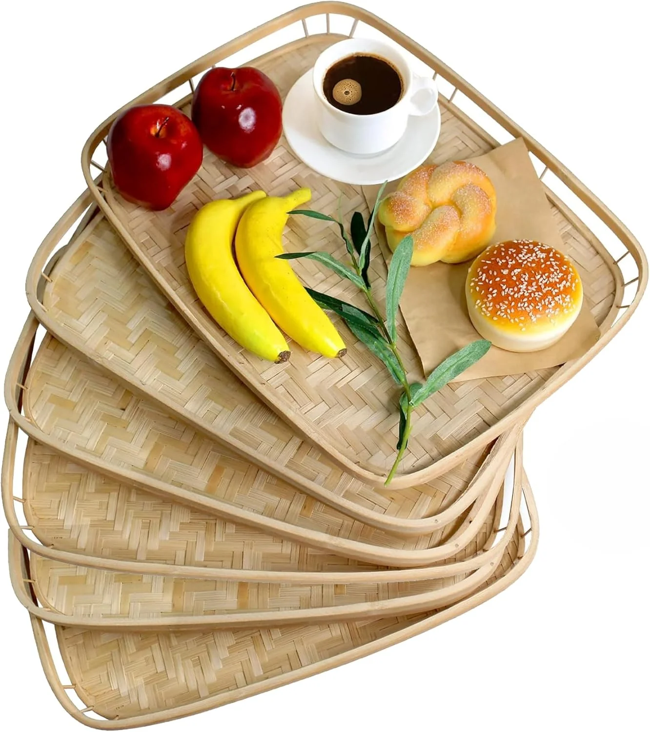 Specialty Pemar Set of 4 Bamboo Wicker Serving Trays for Foods Drinks Rectangular Breakfast Lap Trays with Handles Wooden Decorative Platters for Coffee Consistent