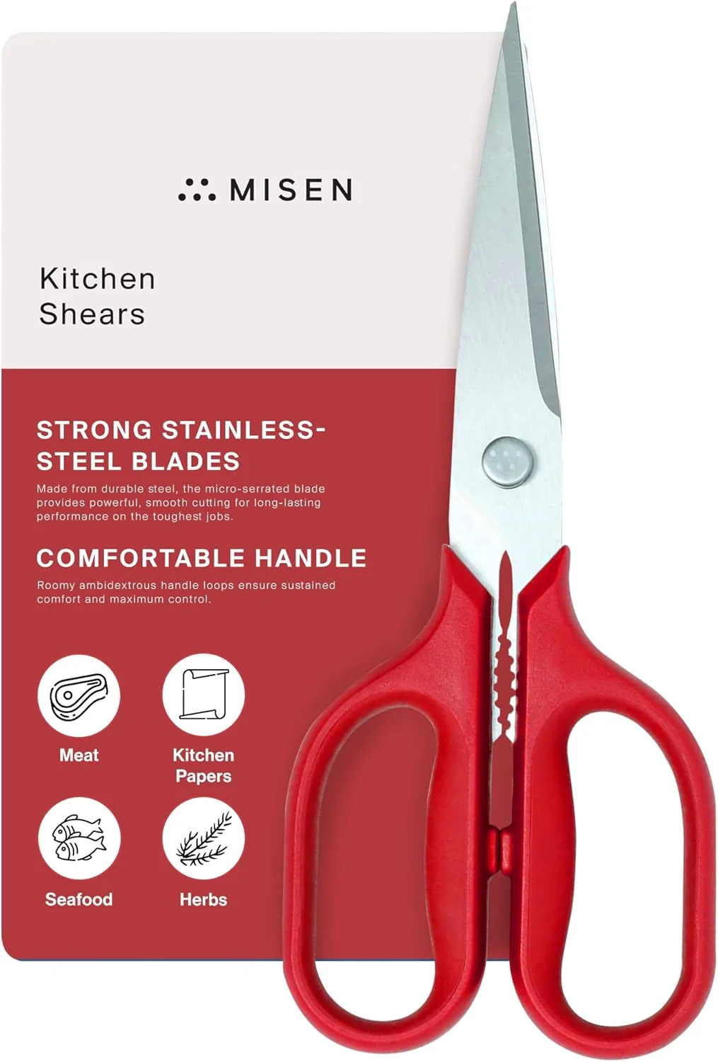 Solid Misen Heavy Duty Kitchen Shears - Versatile Scissors for Meat Poultry More - Easy Clean Professional Grade - Ambidextrous Comfort Handle - Red Selected