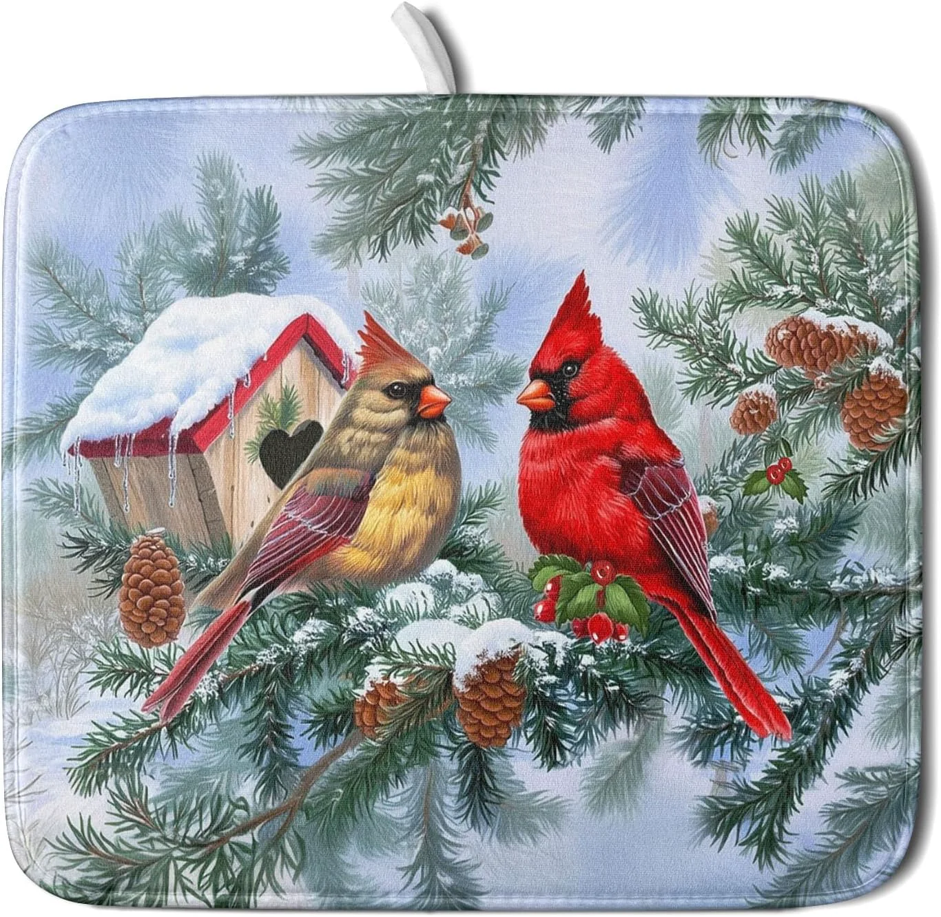 Secure Winter Red Cardinal Bird Dish Drying Mat for Kitchen Counter Holly Berry Branches Xmas Snowflake Cabin Drying Mat 16 x 18 Inch with High Absorbent Flexible