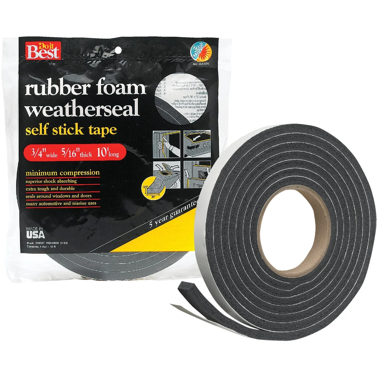 Effective Do it 3 4 W x 5 16 T x 10' L Black Foam Weatherstrip Tape Top-Quality