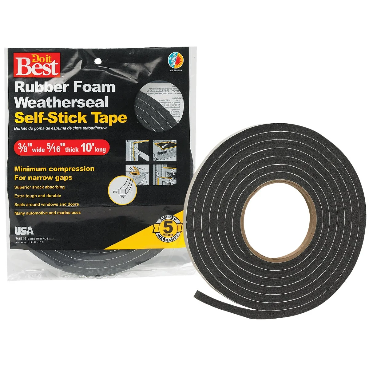 Professional Do it 3 8 W x 5 16 T x 10' L Black Foam Weatherstrip Tape Safe