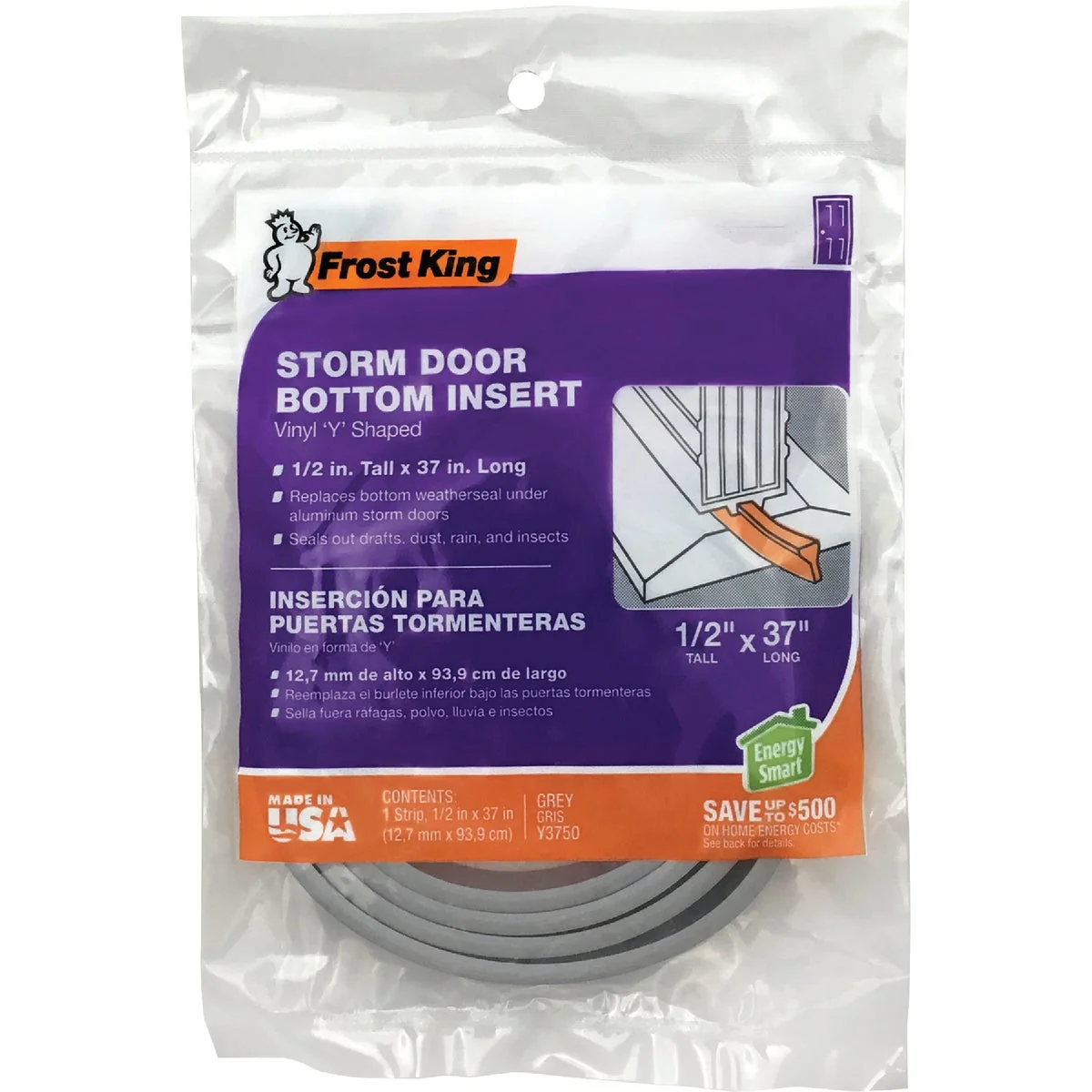 High-Performance Frost King 0.5 In. W. x 0.5 In. H. x 37 In. L. Gray Vinyl Y-Shaped Door Bottom Environmentally Friendly