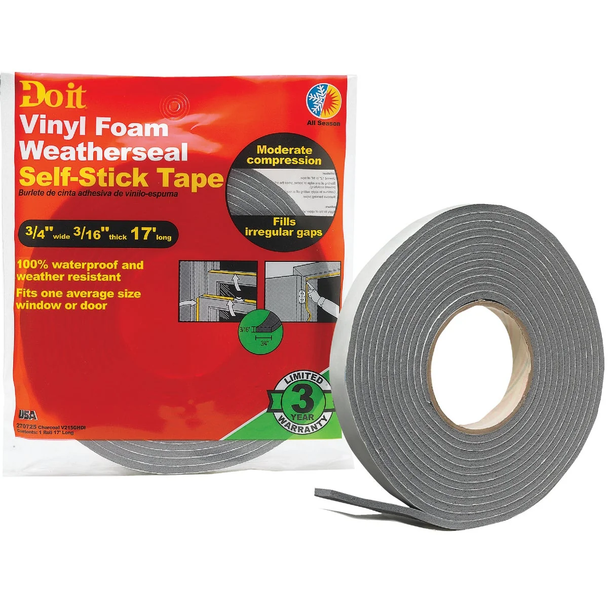 Practical Do it 3 4 W x 3 16 T x 17' L Charcoal Foam Weatherstrip Tape Optimized