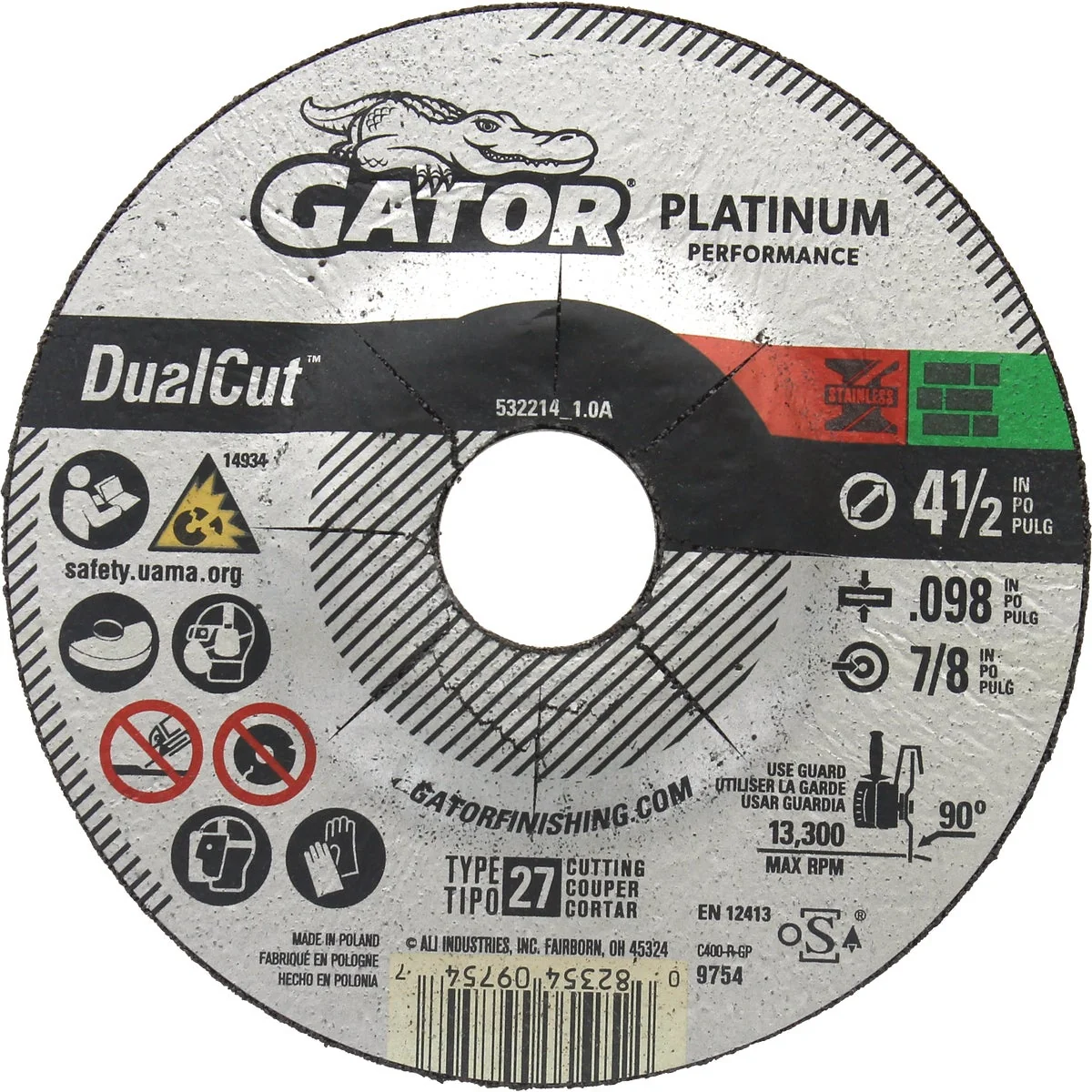 Top-Quality Gator Blade DualCut Type 27 4-1 2 In. x 0.098 In. x 7 8 In. Steel Stainless Wall Tile Cut-Off Wheel User-Friendly