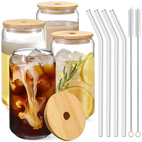 User-Friendly Drinking Glasses with Bamboo Lids and Glass Straw 4pcs Set 4 Count Eco-Friendly