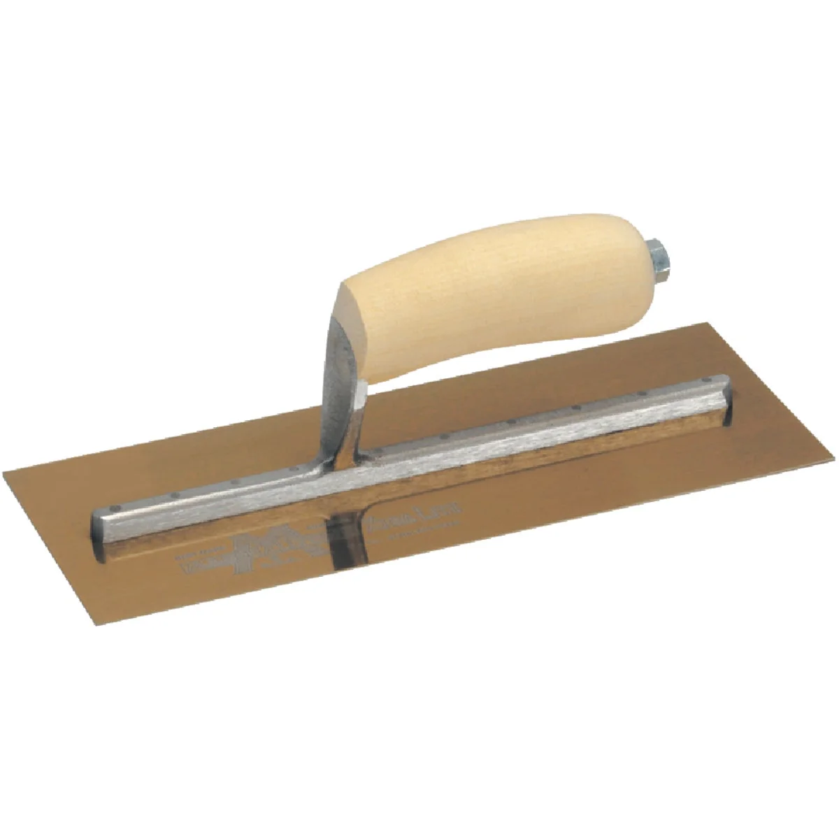 Green Marshalltown 4-1 2 In. x 11 In. Golden Stainless Steel Finishing Trowel with Curved Wood Handle Clean