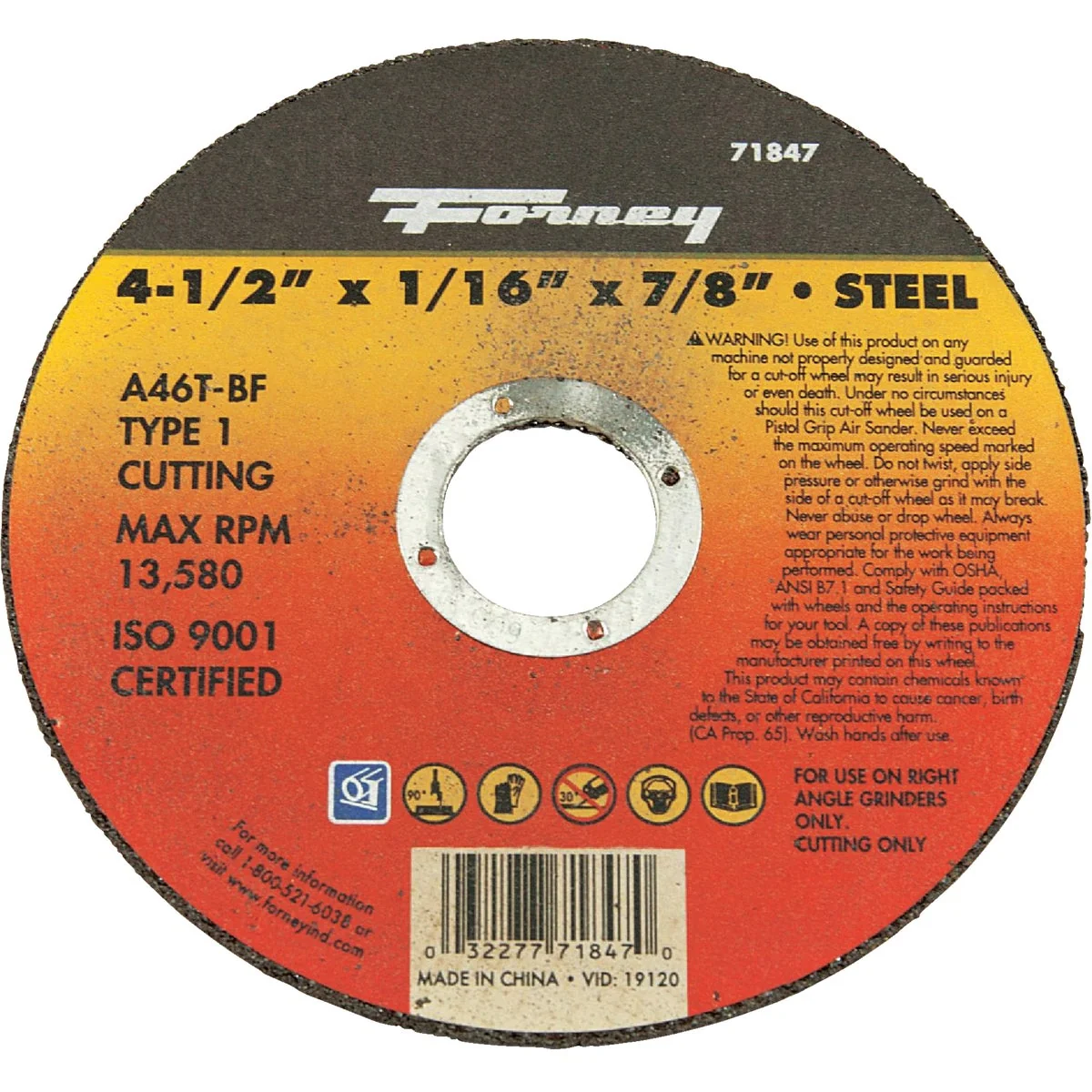 Original Forney Type 1 4-1 2 In. x 1 16 In. x 7 8 In. Steel Cut-Off Wheel High-Grade