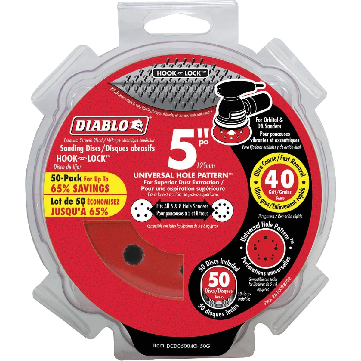 Unique Diablo 5 In. 40-Grit Universal 12-Hole Vented Sanding Disc with Hook and Lock Backing 50-Pack Convenient