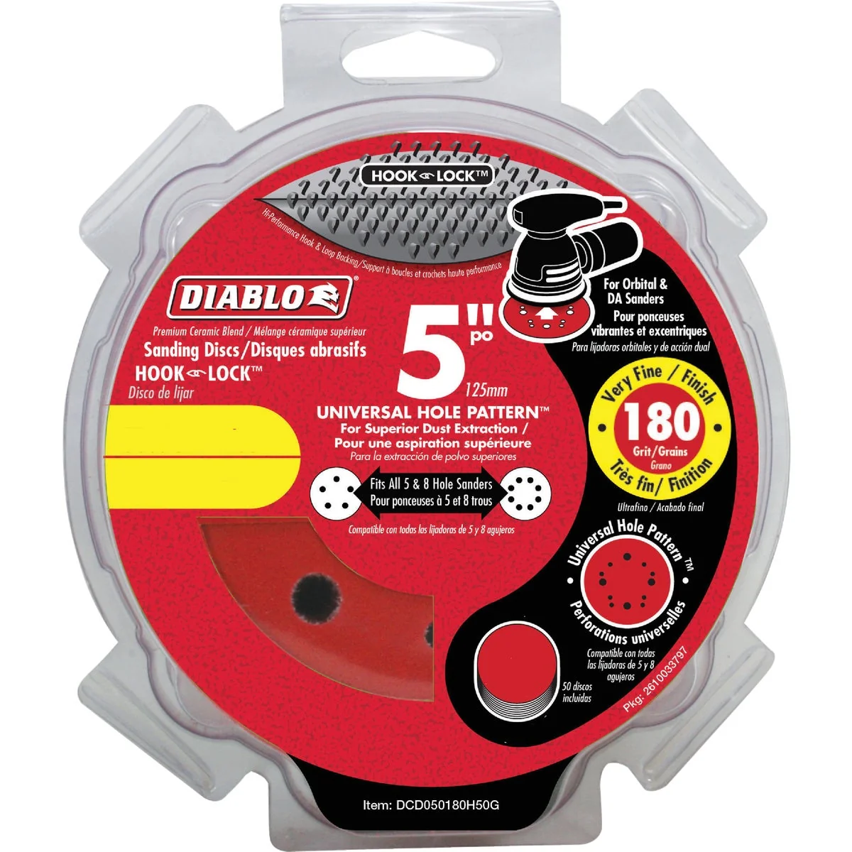 Premium Diablo 5 In. 180-Grit Universal 5-Hole Hook and Lock Vented Sanding Disc 4-Pack Genuine