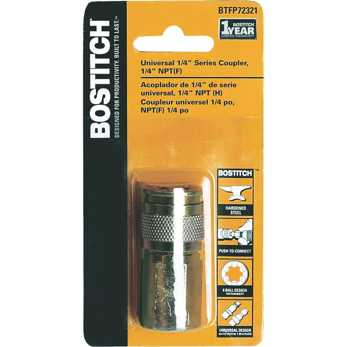 Durable Bostitch Universal 6-Ball Design Push-to-Connect 1 4 In. NPTF Coupler Flexible